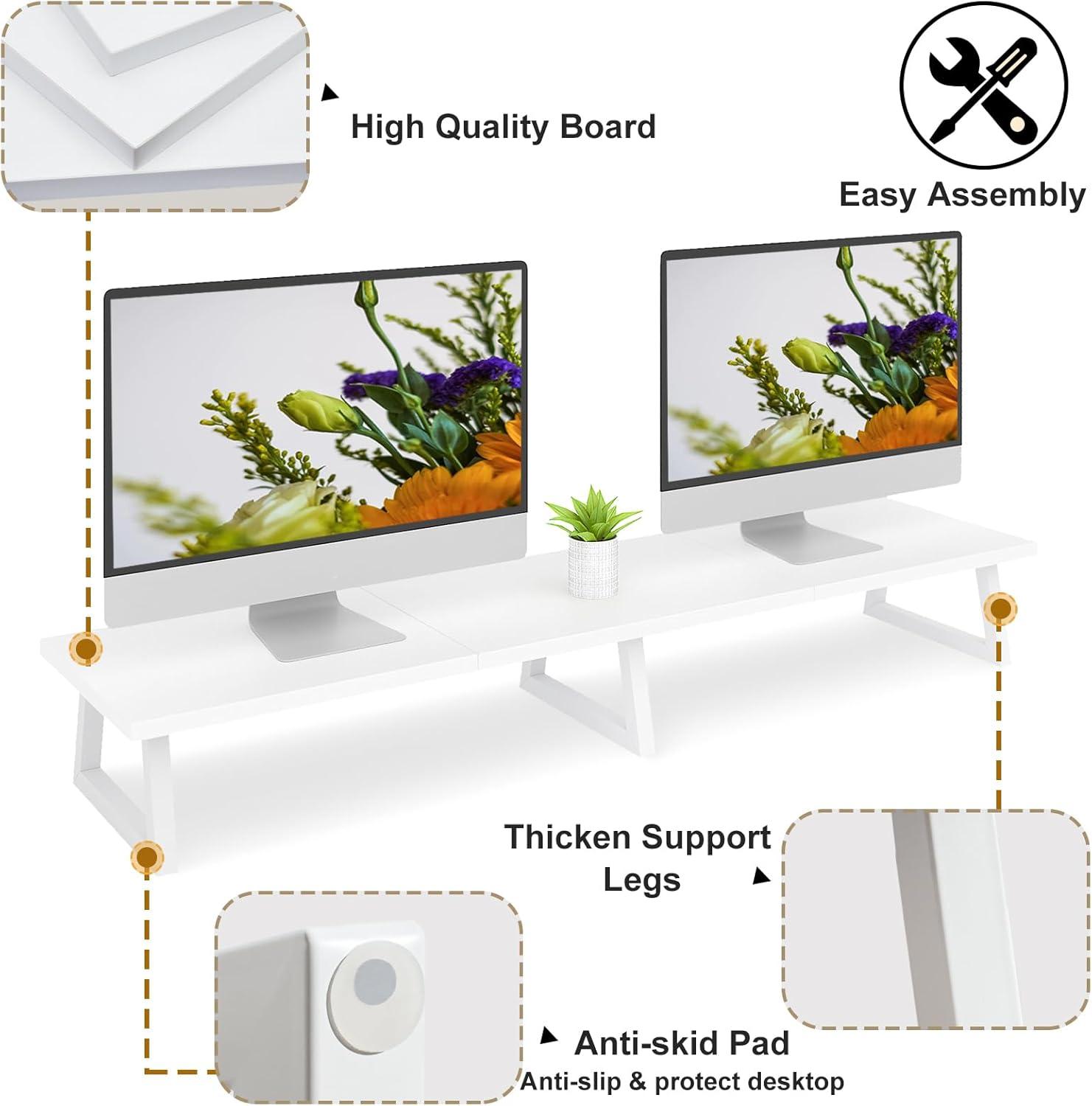 42 inch White Monitor Riser for 2 Monitors, Wood Desktop Dual Stand with Metal Legs, Long Screen/PC/Laptop