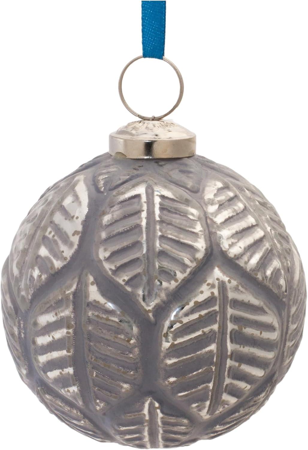 Melrose Etched Leaf Gray and Blue Glass Ball Ornaments Set