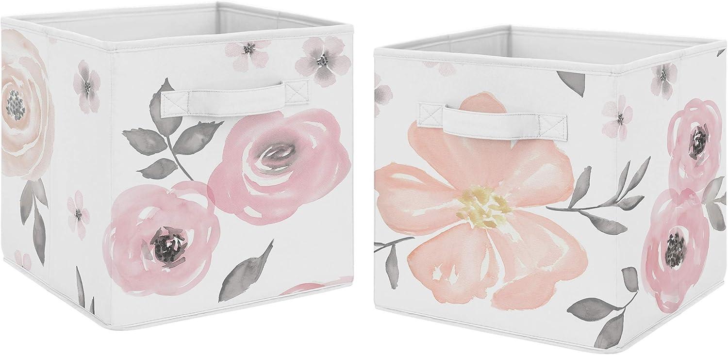 Pink and Gray Watercolor Floral Foldable Fabric Storage Cubes