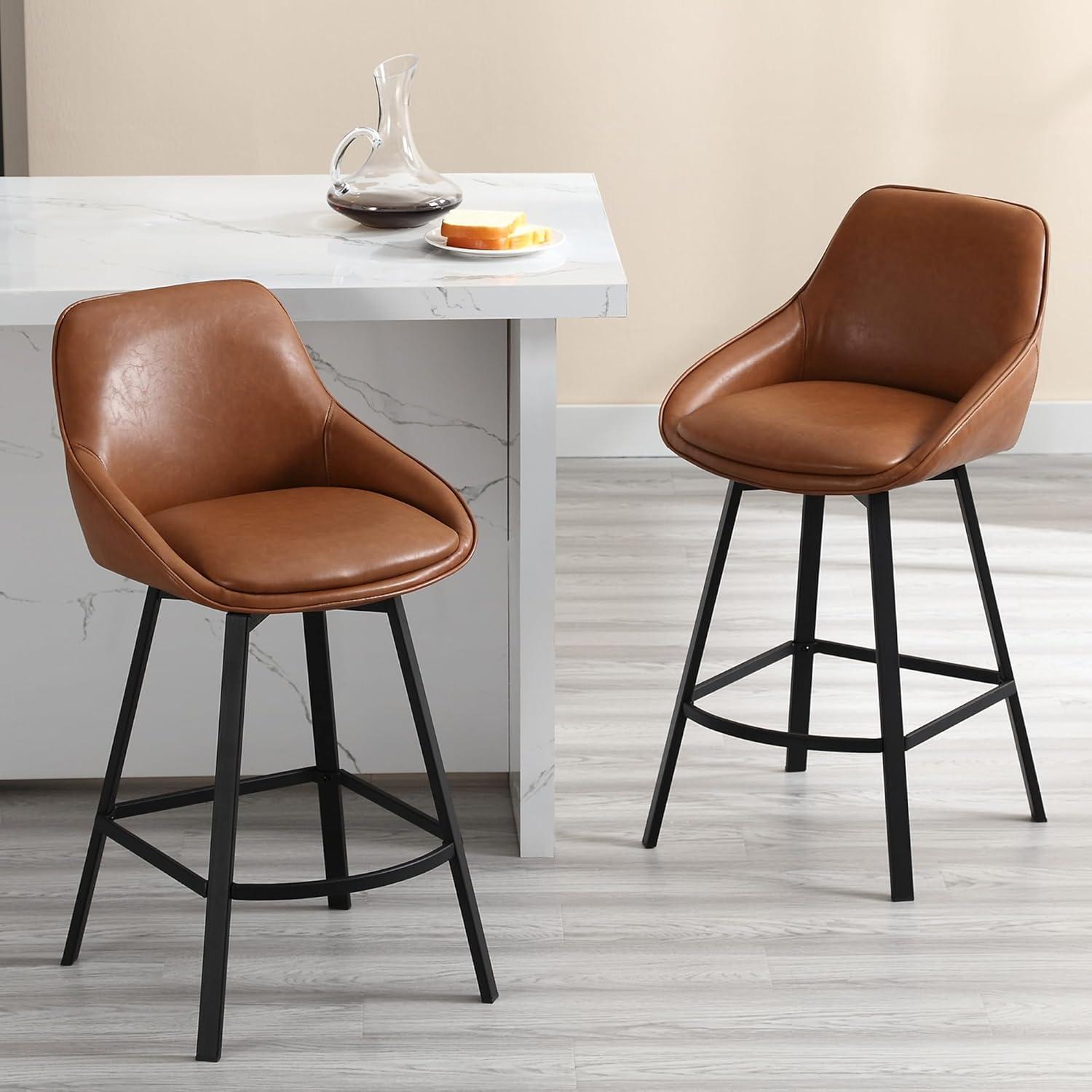 Brown Faux Leather Swivel Counter Stools with Steel Base, Set of 2