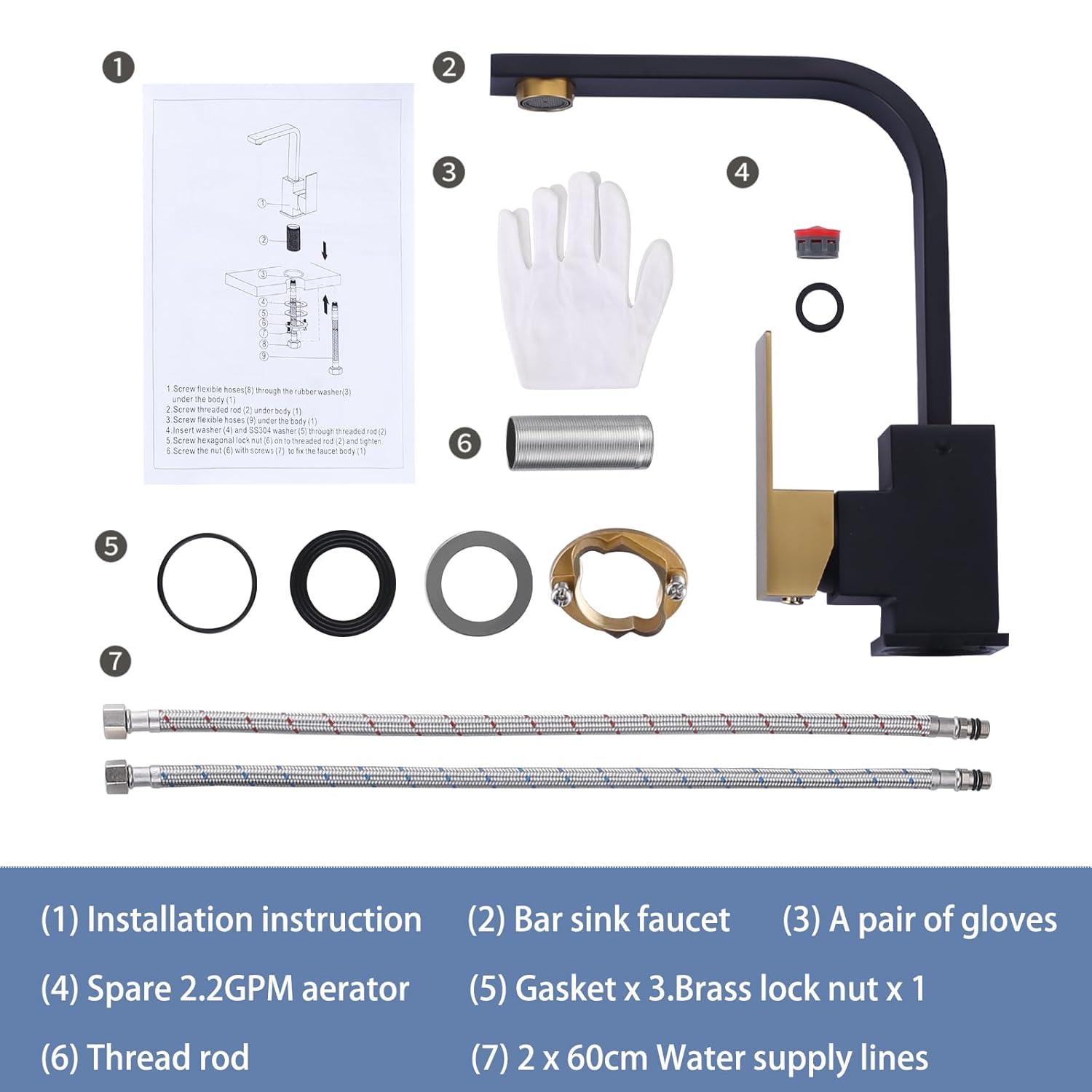 Modern Single Handle Bar Faucet with Water Supply Line in Black and Gold