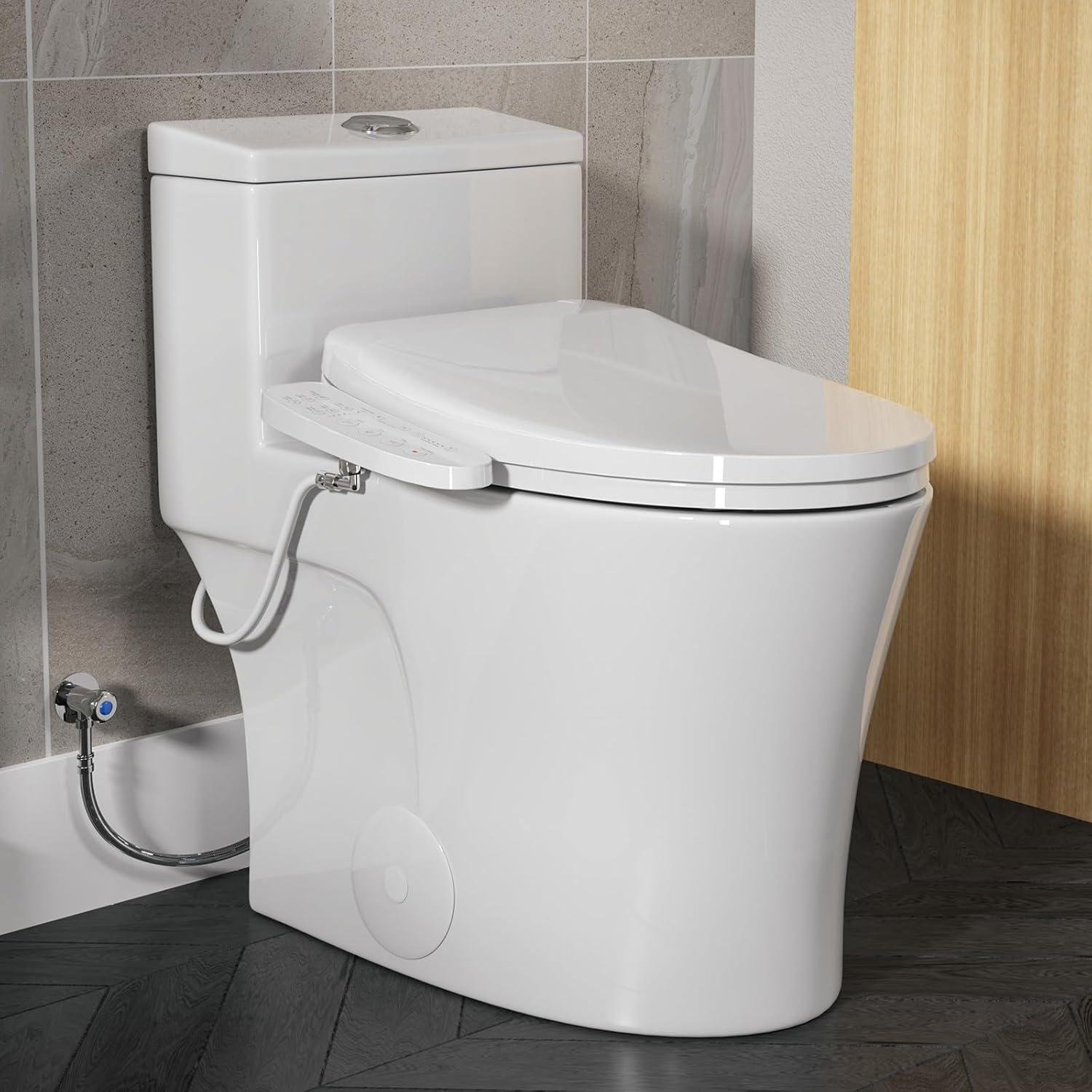 One Piece Toilet with Non-Electric Bidet Toilet Seat, Elongated ADA Chair Height Toilets with Adjustable Nozzles Seat, Powerful Dual Flush & Soft Closing Seat Include, MAP 1000g