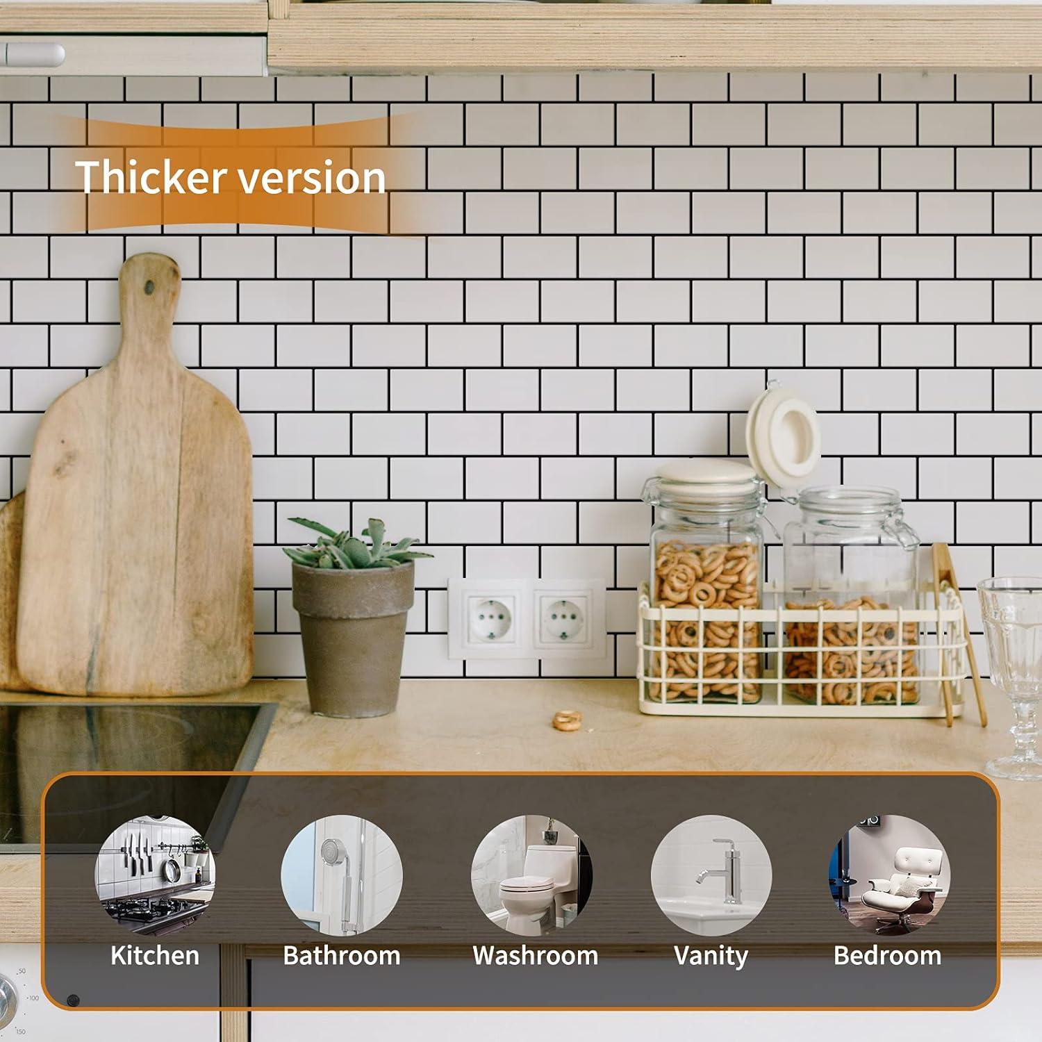 Art3d Peel and Stick Backsplash Tile, 10-Sheet Stick on Subway Tiles for Kitchem, Bathroom Back Splashes, 12"x12", Warm White with Black Grout