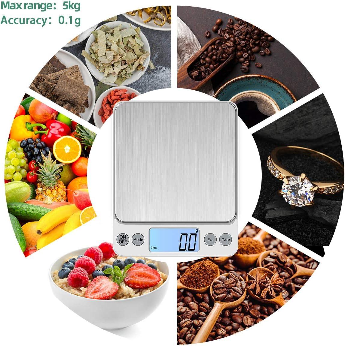 Stainless Steel Digital Kitchen Scale with LCD Display, 5kg/0.1g