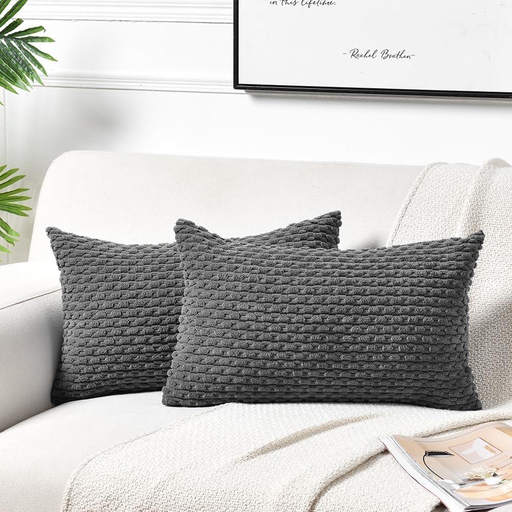 Boho Sage Green Striped Corduroy Pillow Covers - Set of 2 | Farmhouse Rectangle Cushion Cases for Sofa Couch Bed | Soft Decorative Throw Pillowcases - 12x20 Inch Home Decor