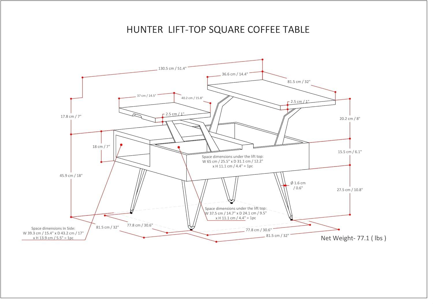 Hunter SOLID MANGO WOOD and Metal 32 inch Wide Square Industrial Lift Top Coffee Table in Natural