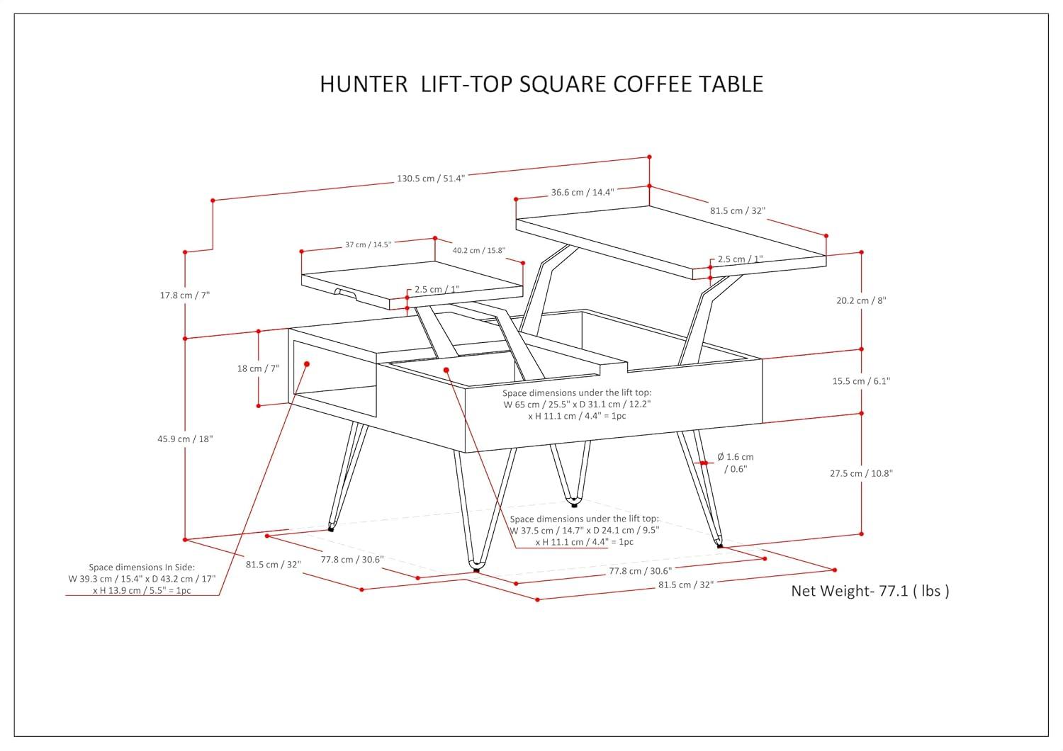 Simpli Home Hunter SOLID MANGO WOOD and Metal 32 inch Wide Square Industrial Lift Top Coffee Table in Natural