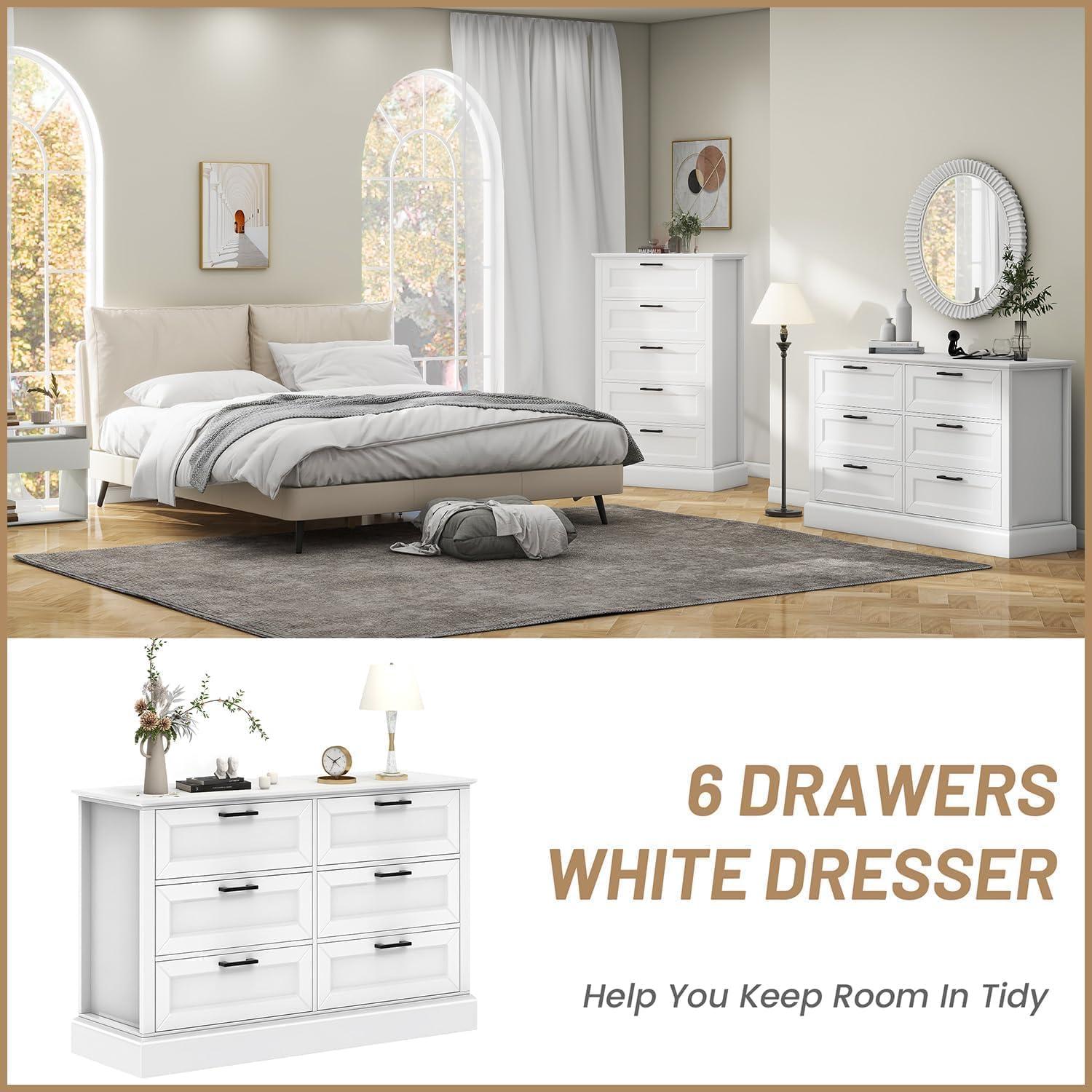 White 6 Drawer Dresser for Bedroom, Modern Chest of Drawers with Deep Drawers, Wood Double Dresser for Storage Clothes