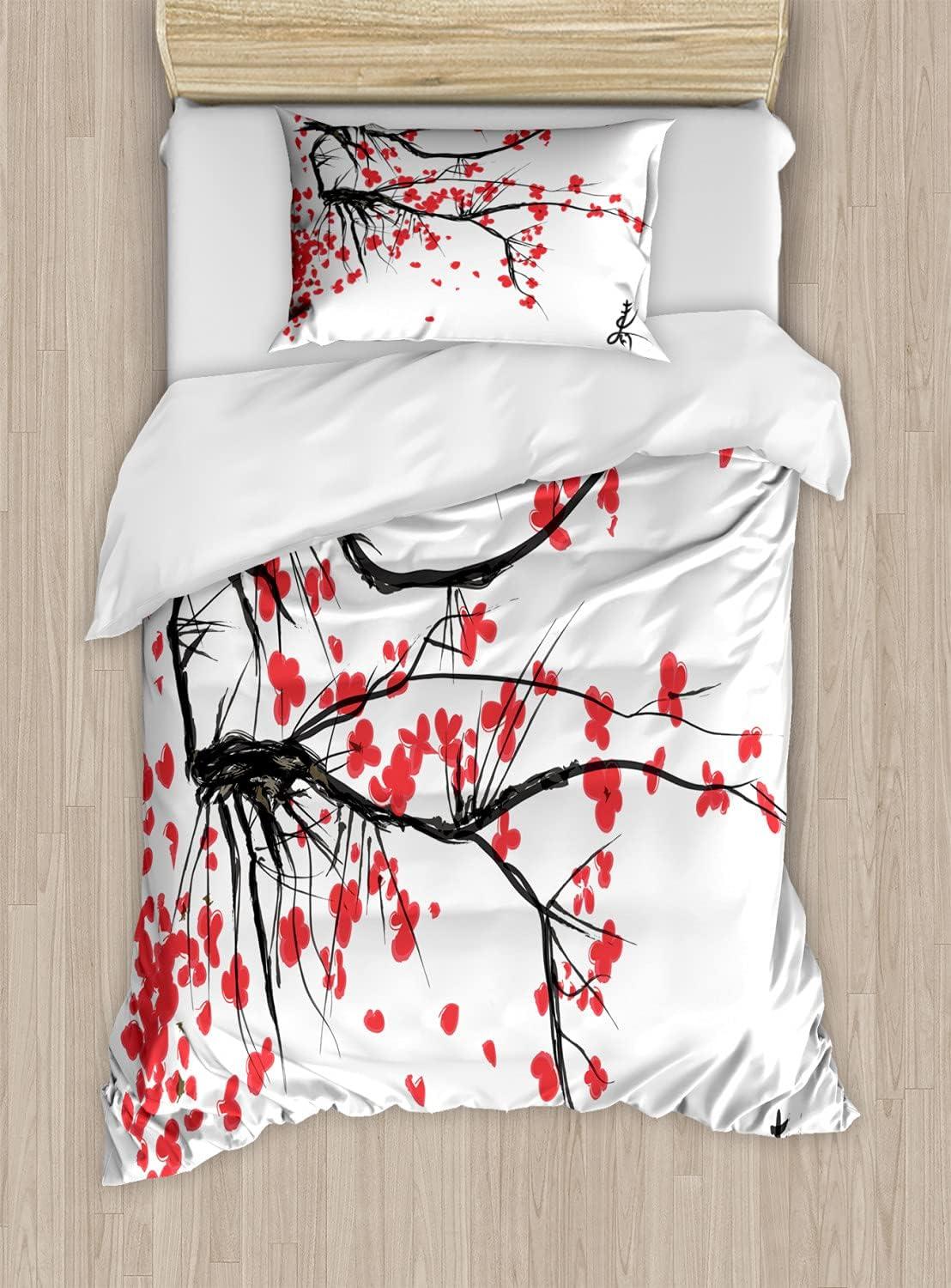 Twin White and Red Floral Microfiber Duvet Cover Set