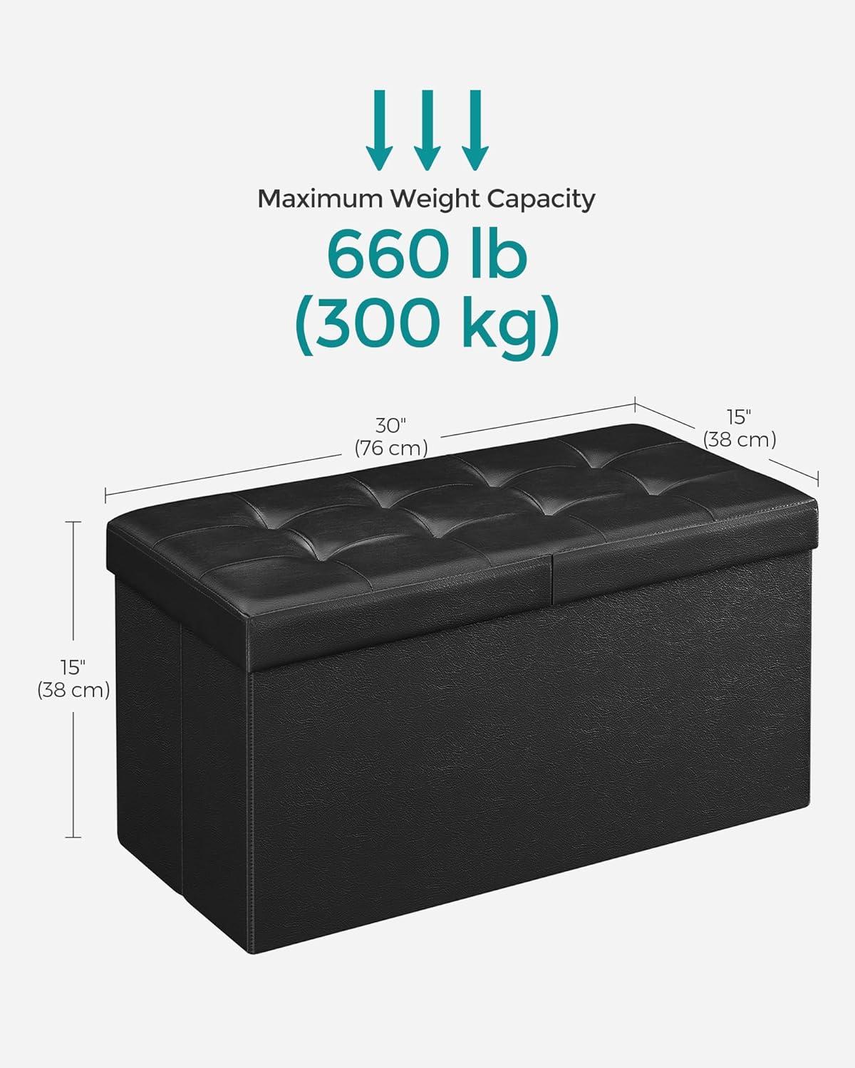 SONGMICS 43" Folding Storage Ottoman Bench Leather Ottoman Storage Footrest Hold up to 660lb Black