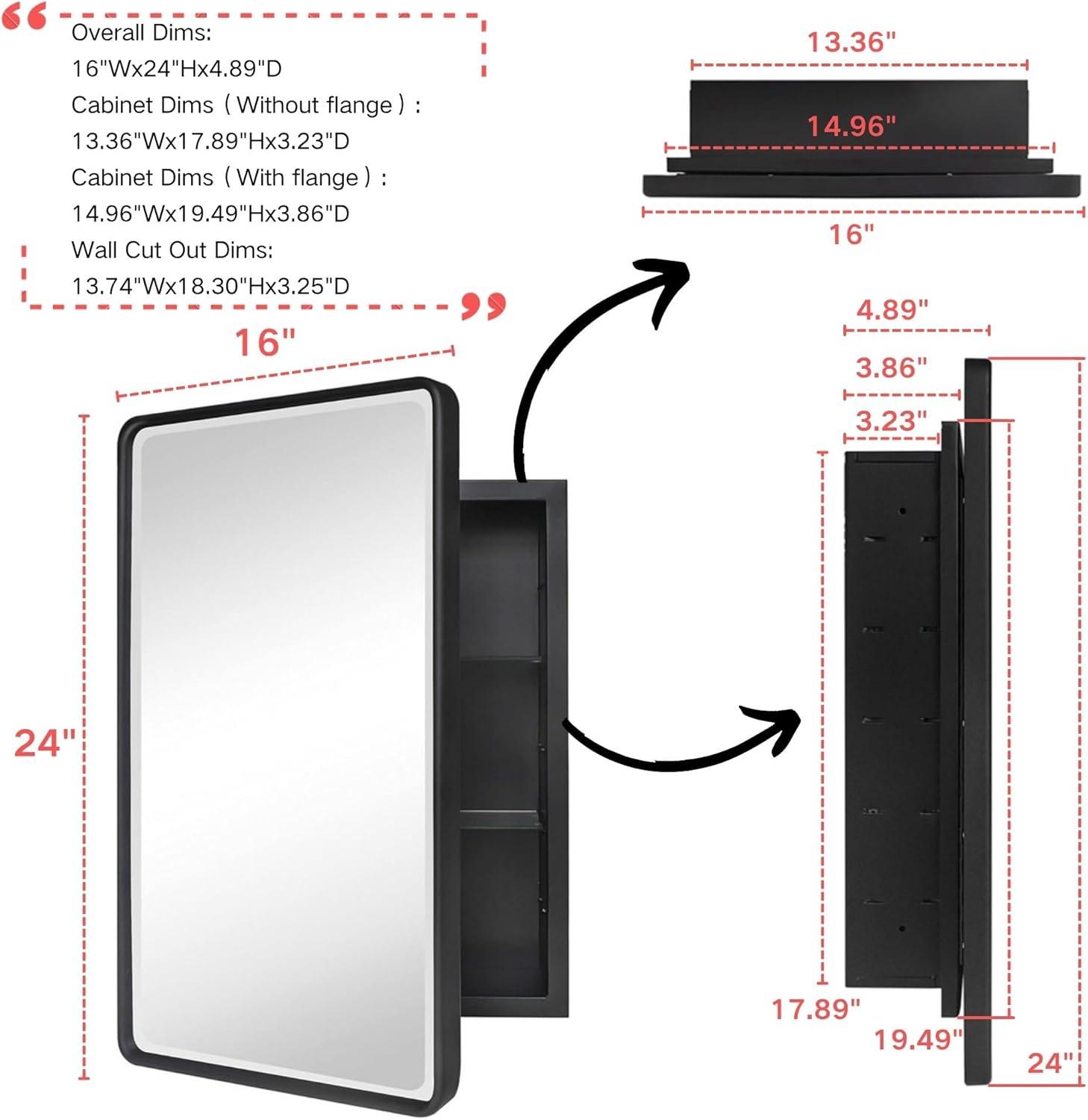 TEHOME Farmhouse 16 in. W x 24 in. H Small Recessed Metal Rectangular Bathroom Medicine Cabinets with Mirror in Matt Black