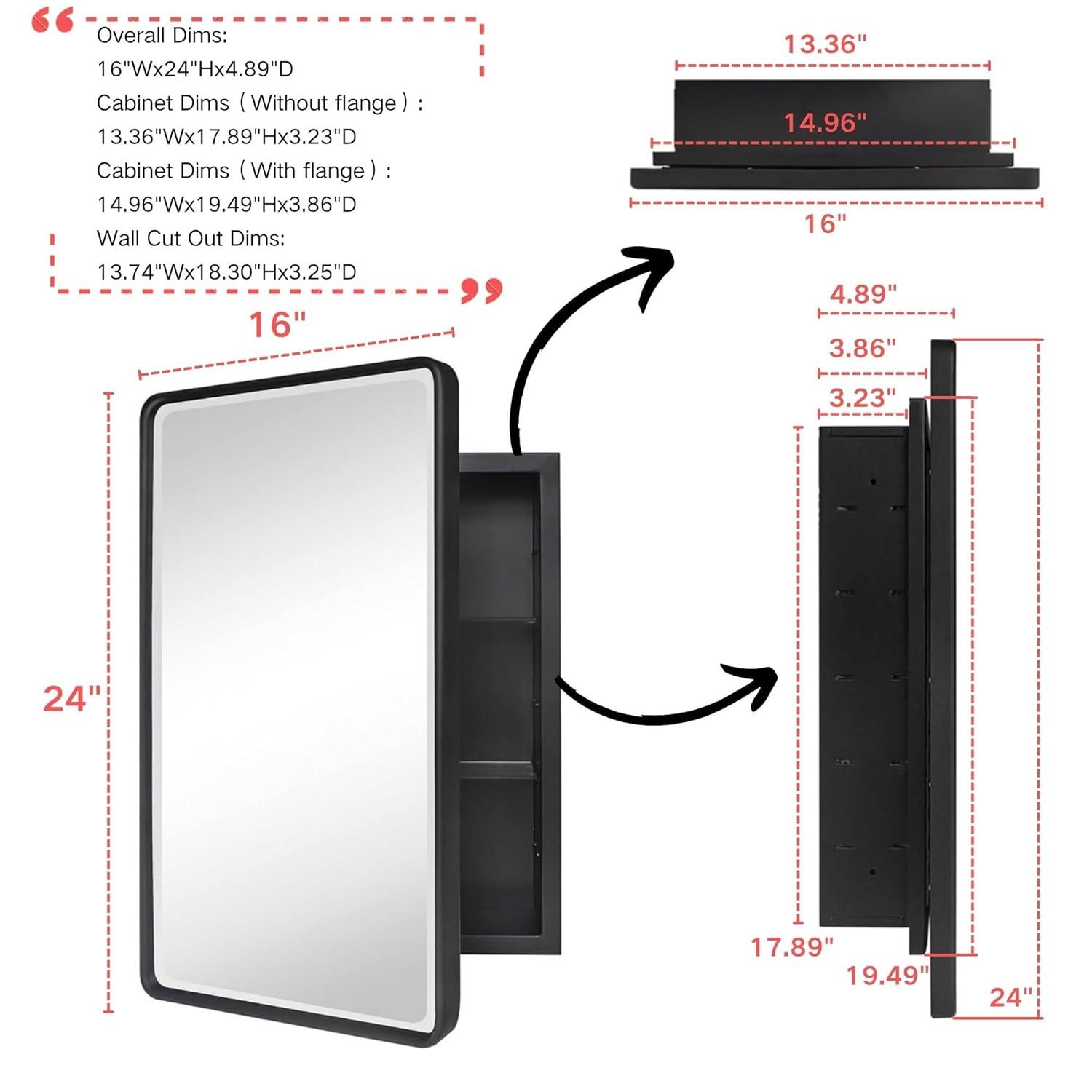TEHOME Farmhouse 16 in. W x 24 in. H Small Recessed Metal Rectangular Bathroom Medicine Cabinets with Mirror in Matt Black