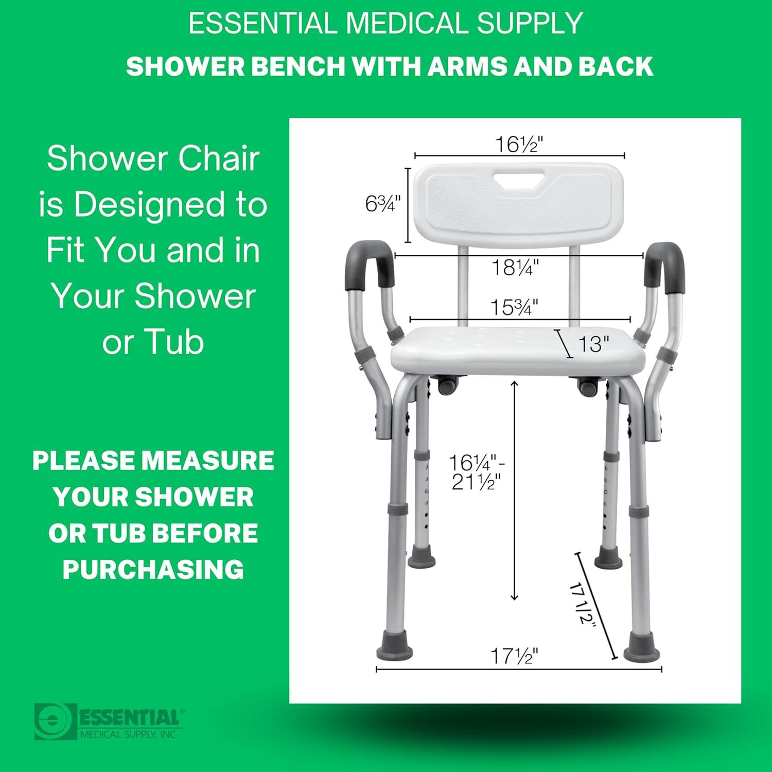 Essential Medical Supply Essential Medical Supply Height Adjustable Shower and Bath Bench with Padded Arms, Contoured Back and Textured Shower Chair Seat B3011