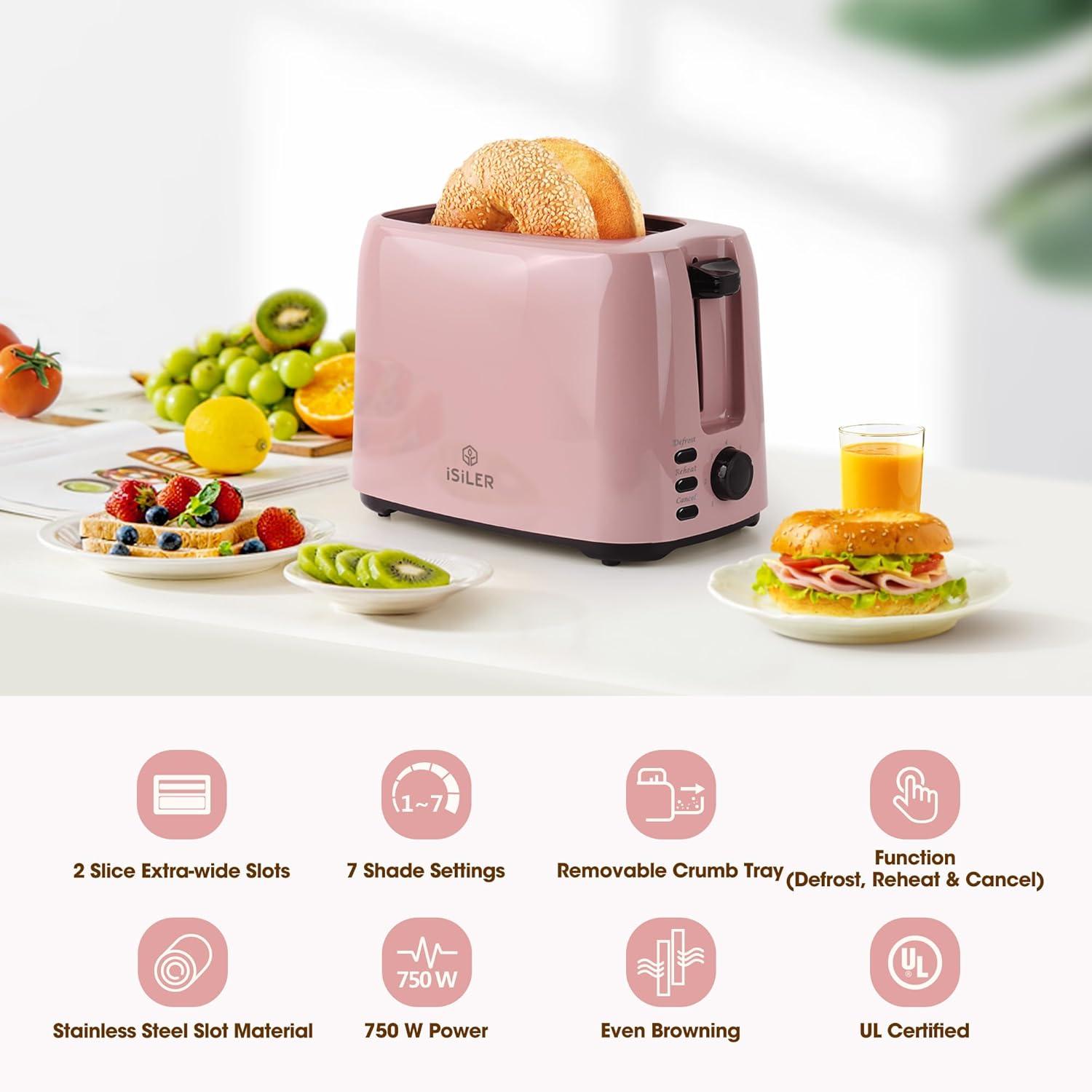 iSiLER 2 Slice Toaster, 1.3 Inches Wide Slot Bagel Toaster with 7 Shade Settings and Double Side Baking, Removable Crumb Tray, Defrost Cancel Function Pink