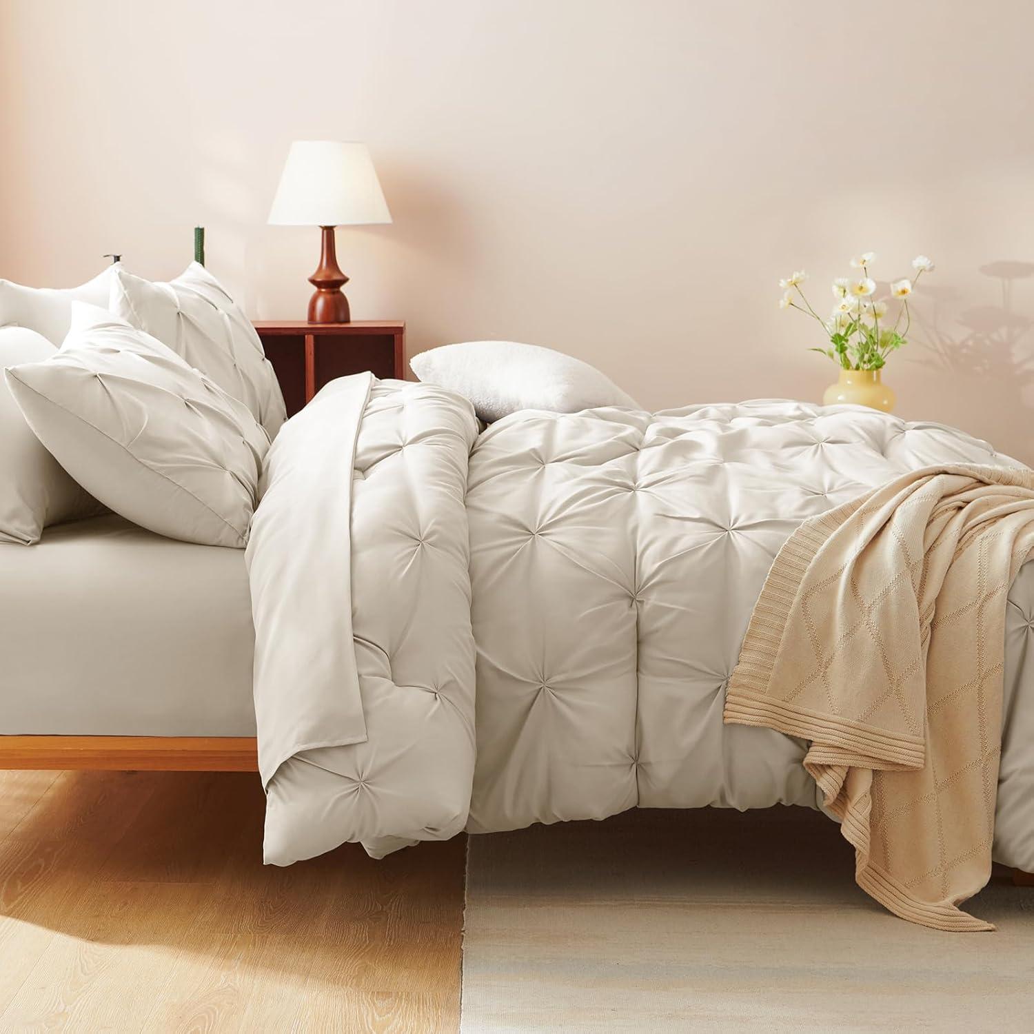 CozyLux Beige Comforter Set Queen 7 Pieces Bed in A Bag Cream Off White Pintuck Comforters Queen Size Pinch Pleat Bedding Sets with All Season Comforter, Flat Sheet, Fitted Sheet and Pillowcases&Shams
