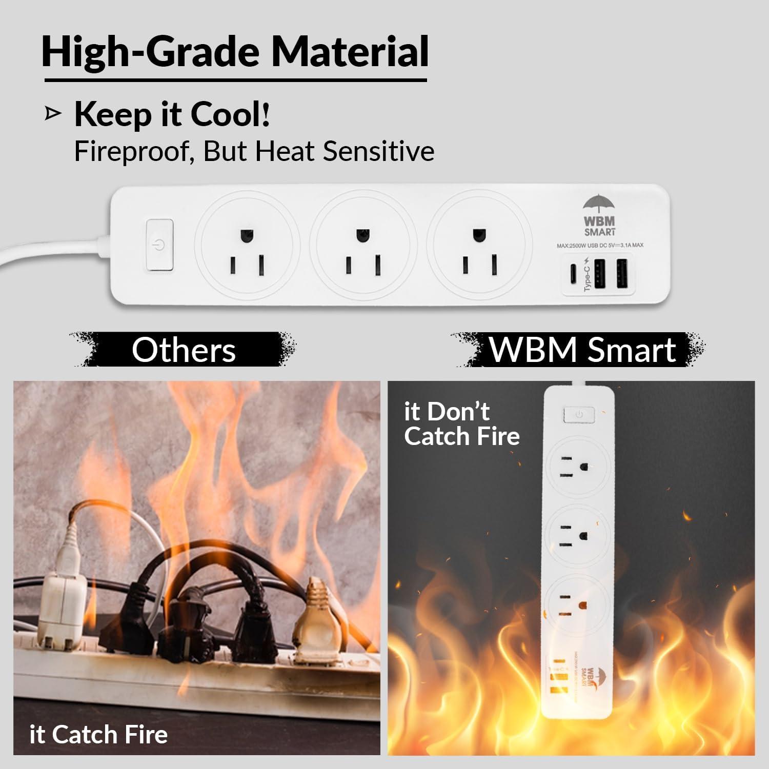 WBM Smart Power Strip 5.9 ft, Extension Cord Socket 10 A with 2 USB Ports and 1 Type C