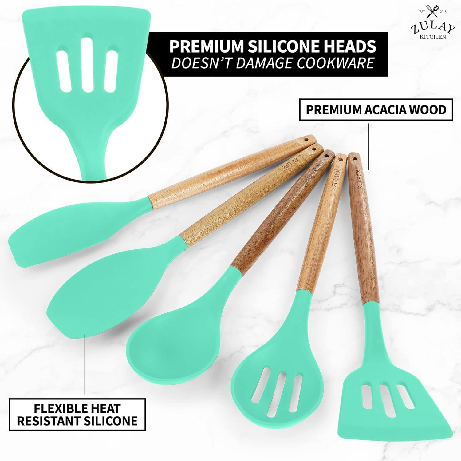 Mint Silicone and Acacia Wood 5-Piece Cooking Utensil Set