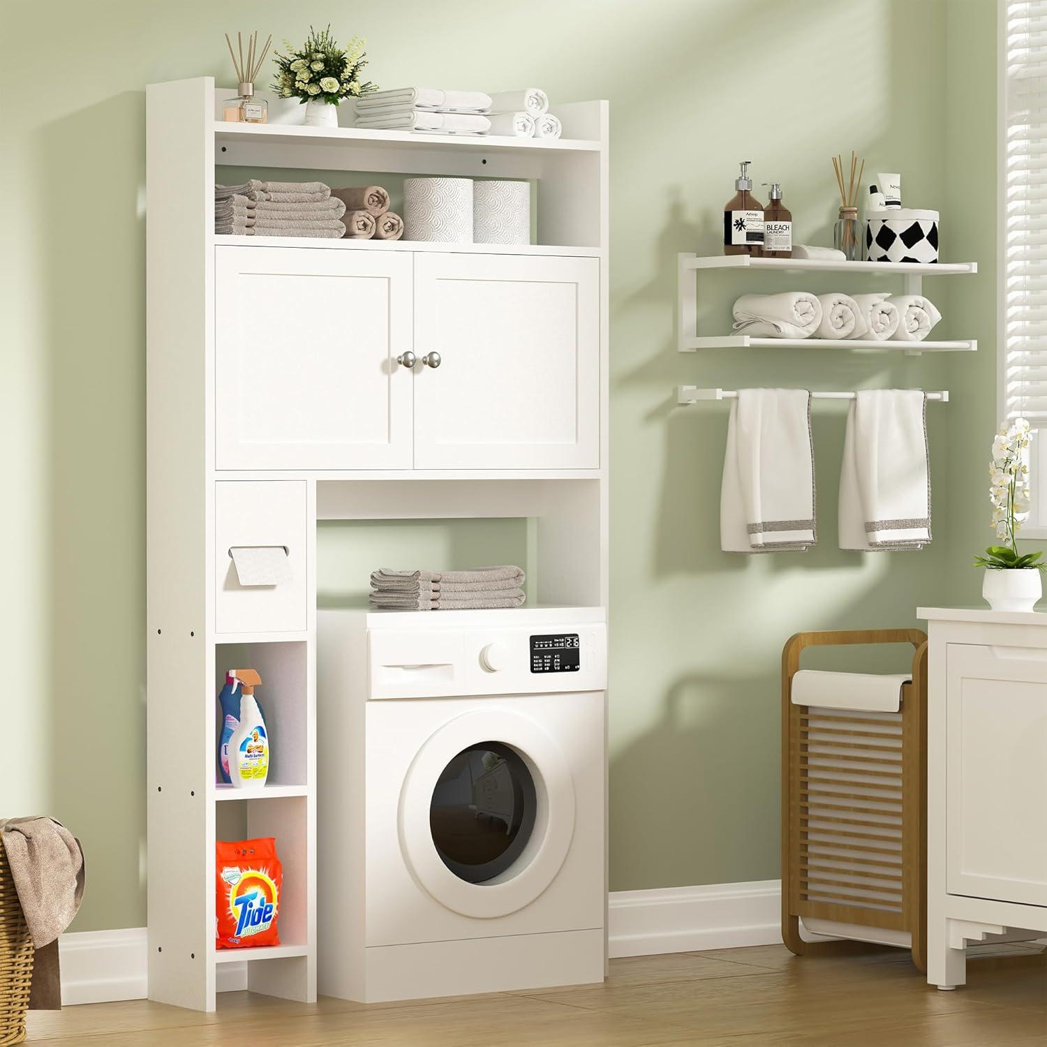 White Adjustable Over-the-Toilet Storage Cabinet with Glass Doors