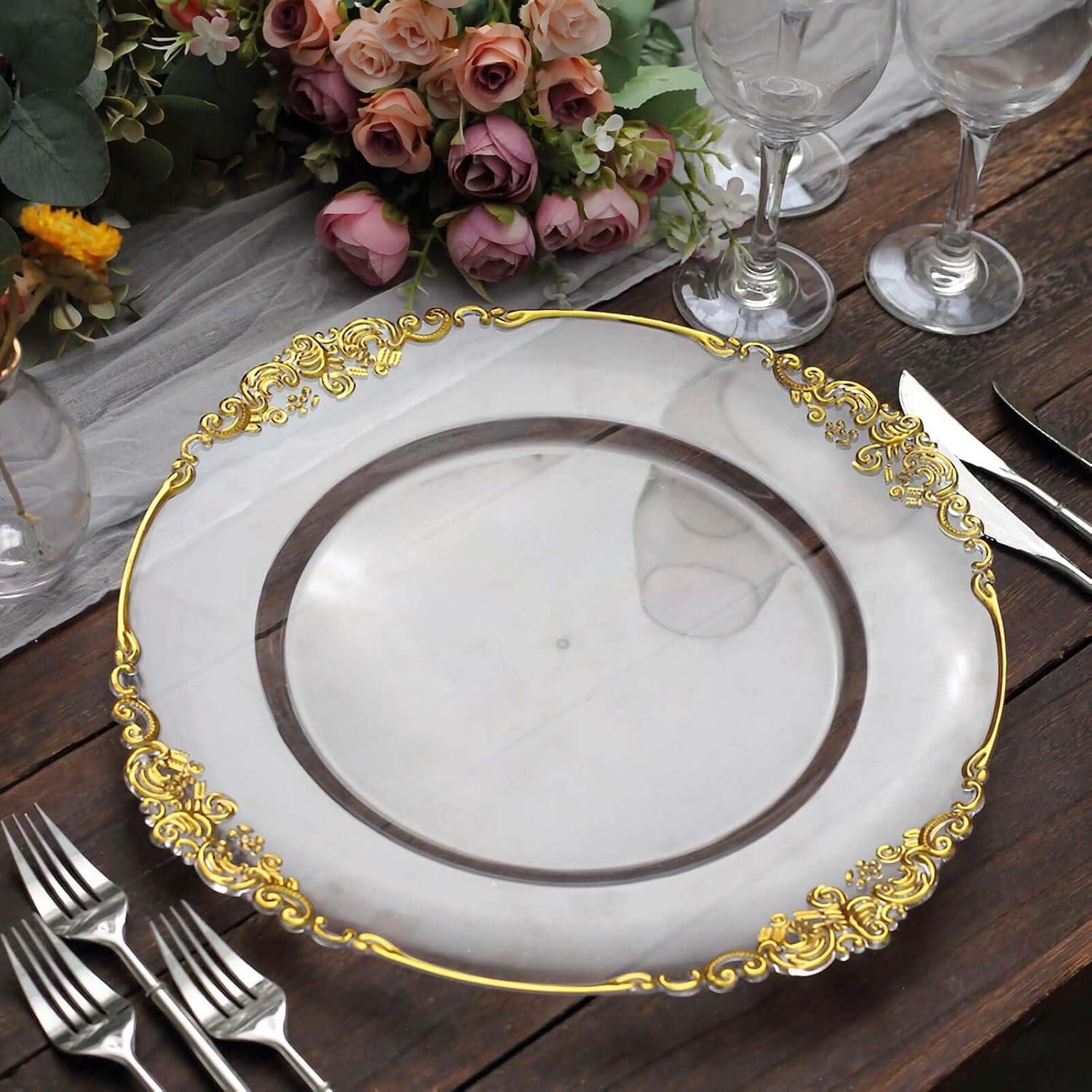 Efavormart 6 Pack Clear Gold 13" Round Baroque Charger Plates Leaf Embossed Rim for Tabletop Decor Catering Event Decoration