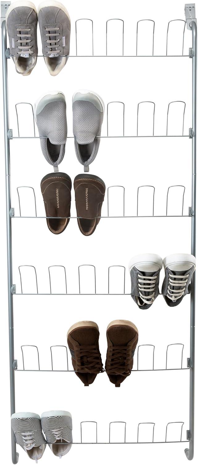 Organize It All Overdoor Wire Shoe Rack Basic Collection: Holds 18 Pairs, Metal Frame, Silver & Black, No Assembly Required