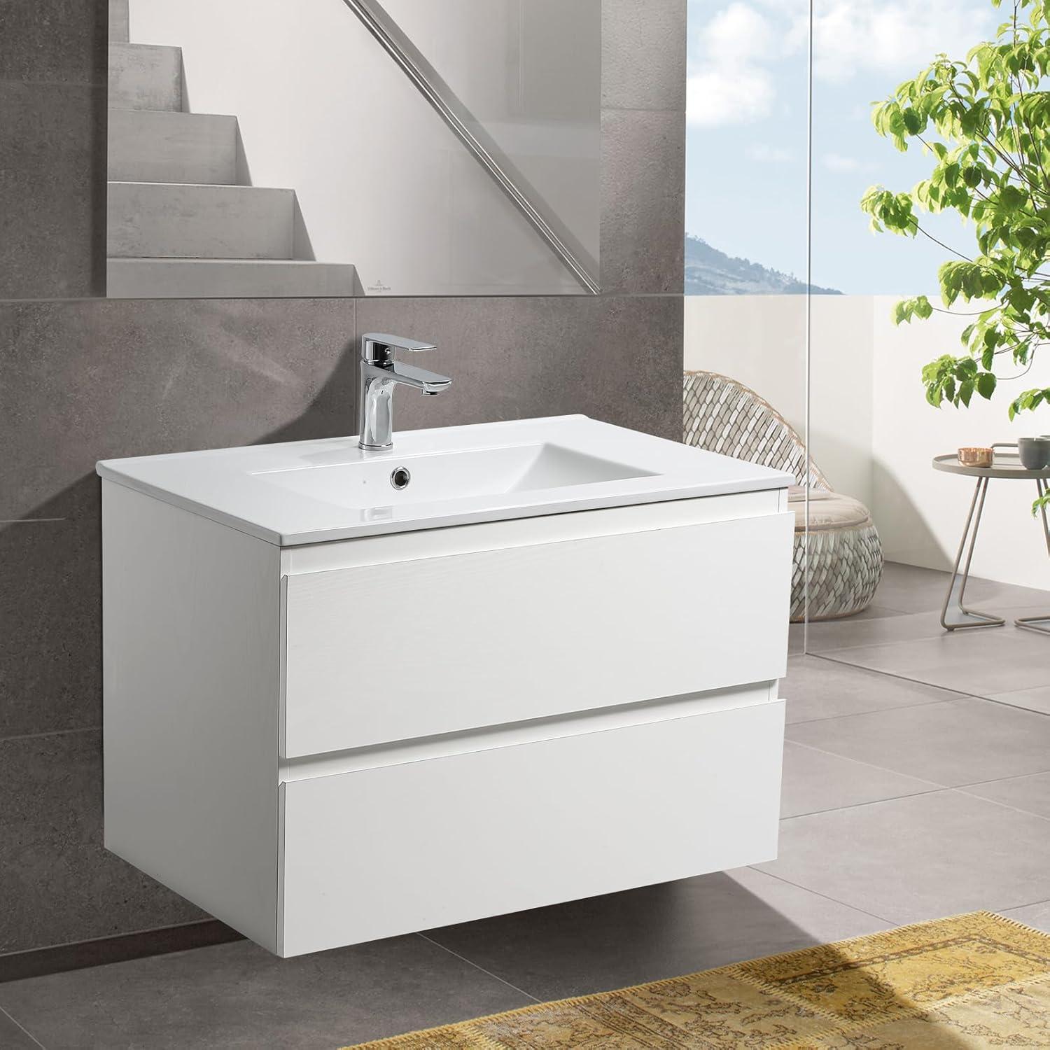 30" White Wall-Mounted Bathroom Vanity with Ceramic Sink and Storage