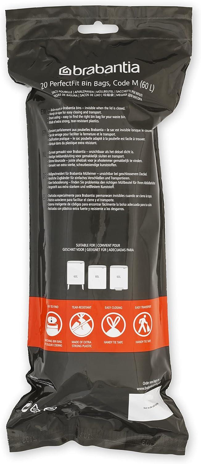Brabantia PerfectFit Trash Bags with Drawstring Handles, Code M, 16 gallon (60L), 120 Count