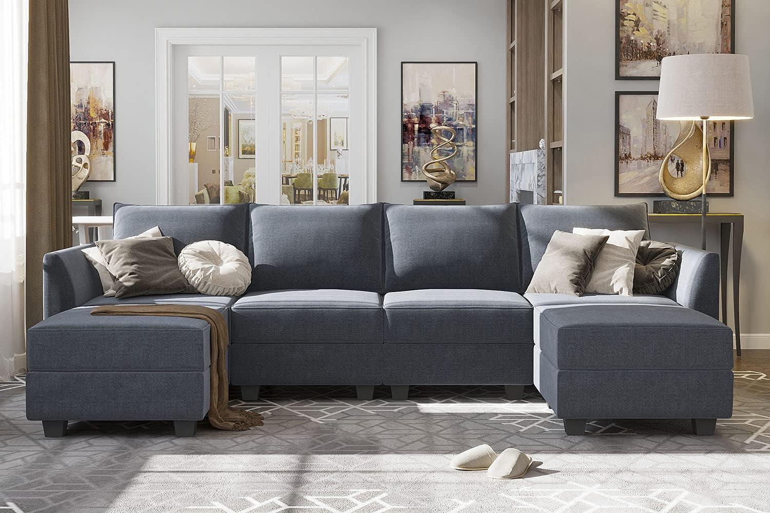 HONBAY Modular Sectional Sofa with Reversible Chaises Sofa with Ottomans U Shaped Sectional Couch for Living Room, Bluish Grey