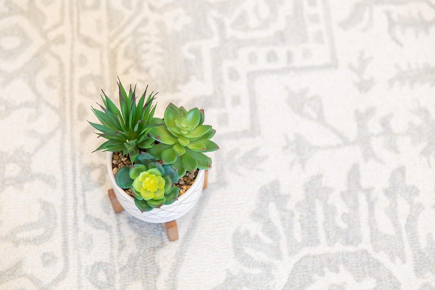 10" H Artificial Succulent Mix in Gold Geo Hand Painted Ceramic Footed Pot on Wood Stand