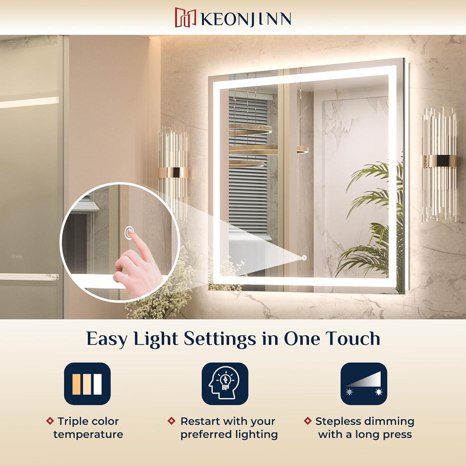 Keonjinn LED Bathroom Mirror 60 ” x 36 ” with Frontlit & Backlit, Lighted Mirror with Stepless Dimmable 3-Color Lights, Bathroom Vanity Mirror with HD Tempered Glass, UL-Listed LED Driver, CRI90+