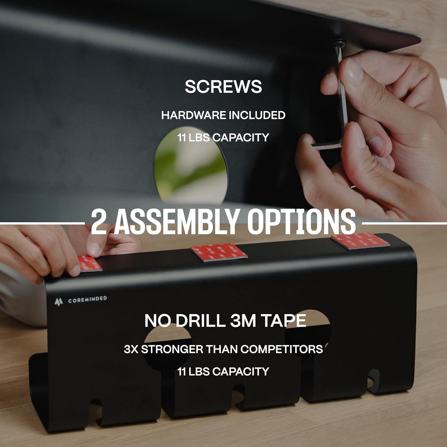 No-Drill Under Desk Cable Management Tray - 2-Pack Wire Organizer for Standing Desk - Cord Management System with Power Strip Holder - L