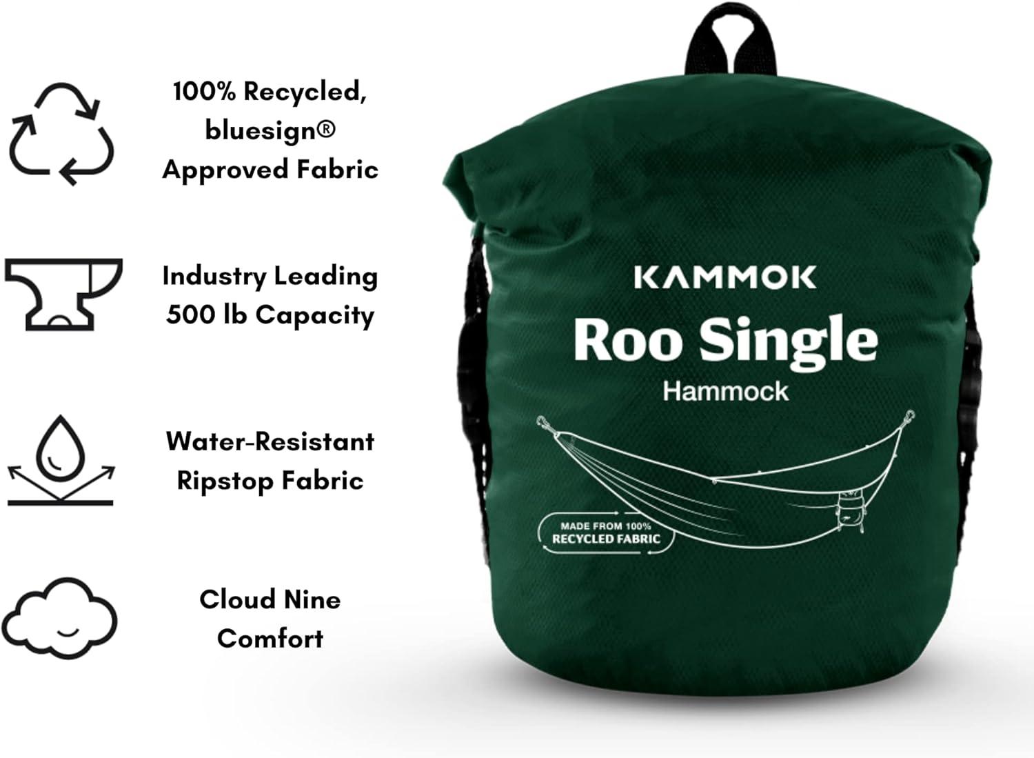 Kammok Roo Single Hammock with Stuff Sack | Waterproof Ripstop Nylon, Gear Loops | Lightweight for Camping and Backpacking, Pine Green