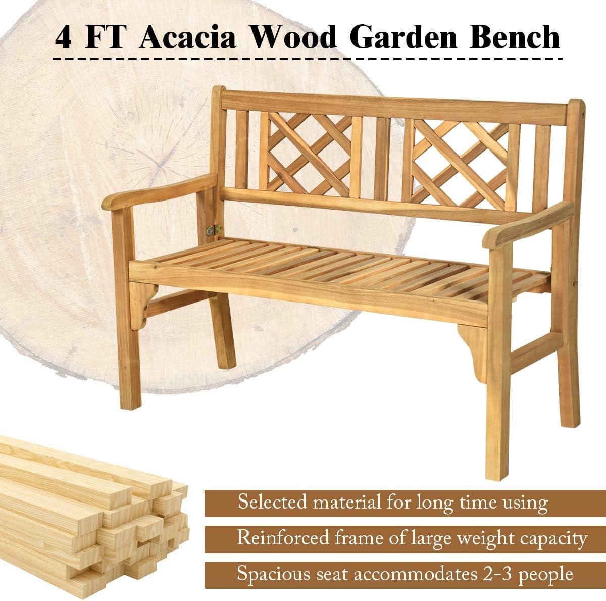 Lorelia Outdoor Bench, Patio Wooden Bench, 4 Ft Foldable Acacia Wood Garden Bench, Outside Loveseat with Curved Backrest and Armrest, 705Lbs Weight Capacity, Park Bench for Outdoors, Porch, Balcony