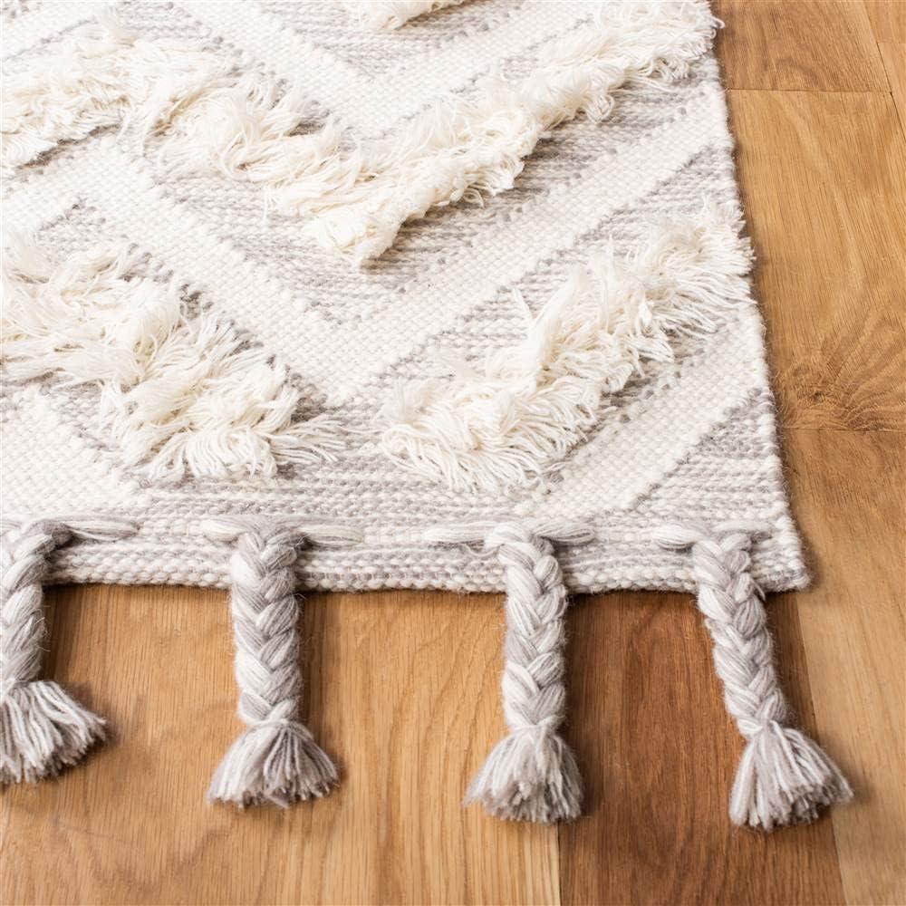 Ivory Geometric Hand-Knotted Wool Area Rug with Tassels