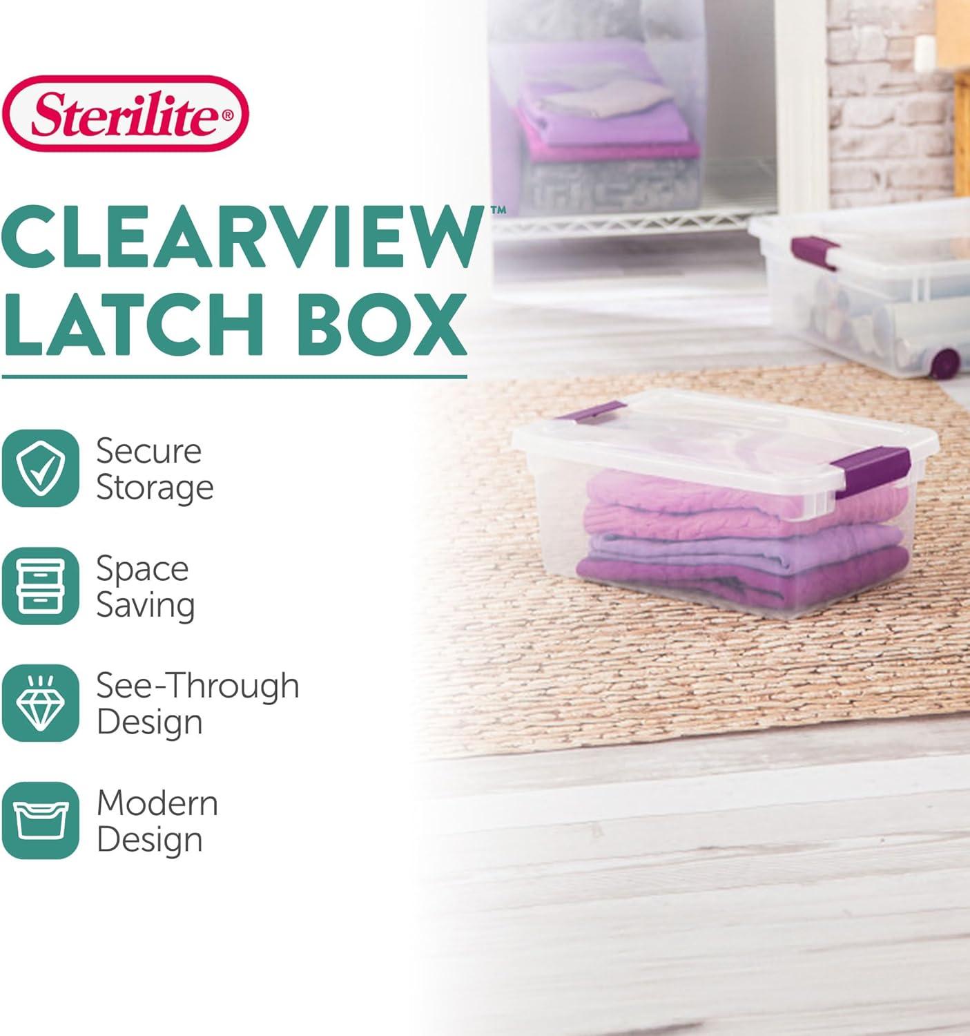 15 Qt ClearView Latch Storage Box, Stackable Bin with Latching Lid, Plastic Container to Organize Shoes in Closet, Clear Base, Lid, 12-Pack