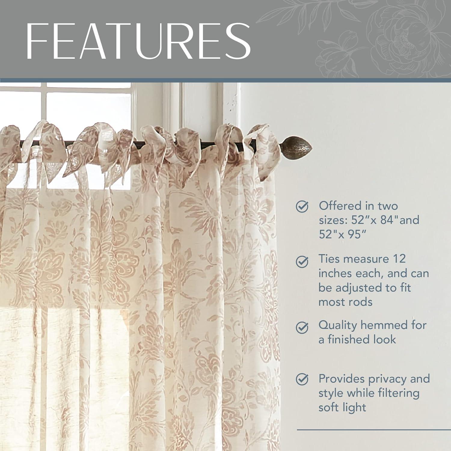 Flax Tie-Top Sheer Voile Curtains with Floral Print