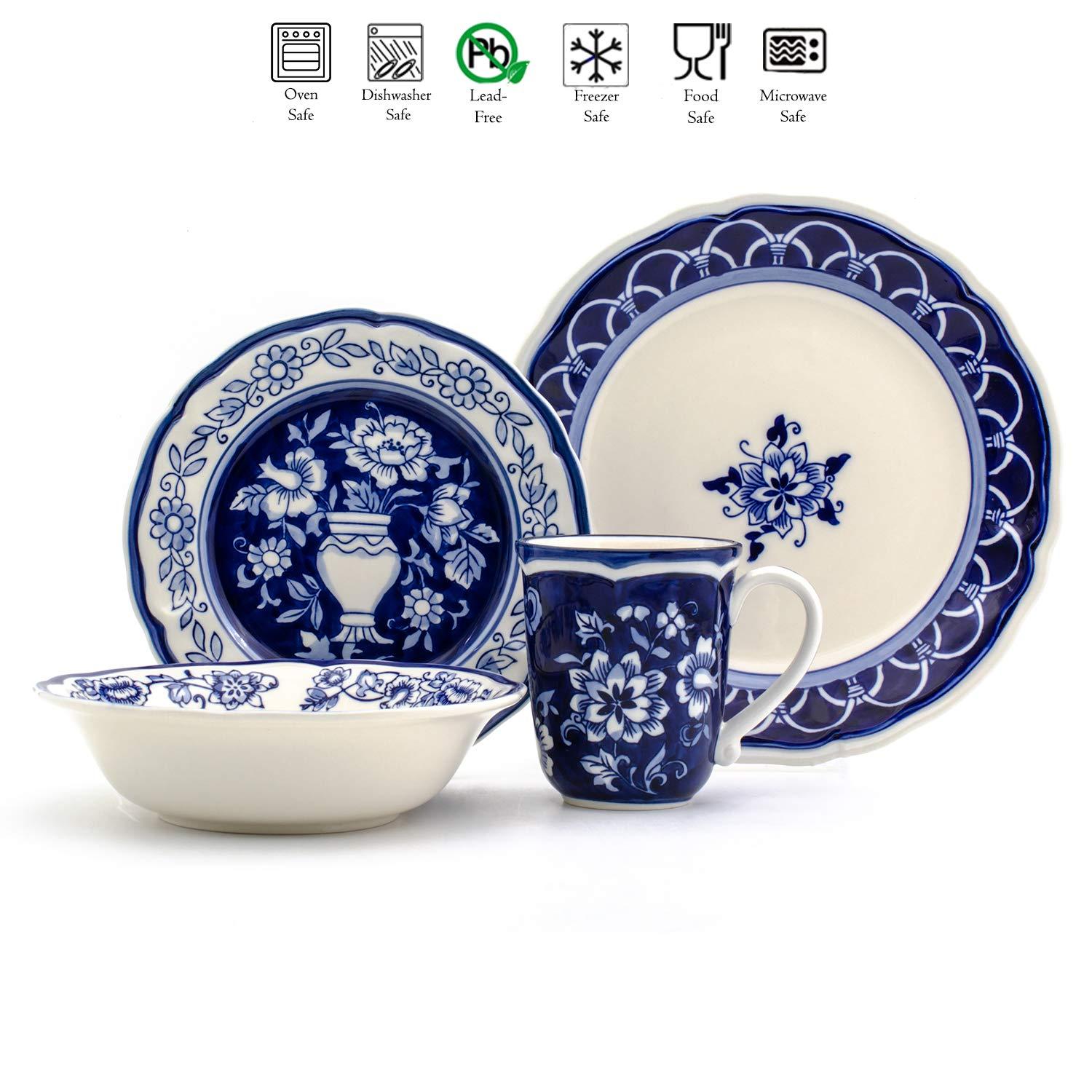 Euro Ceramica Blue Garden 16-Piece Hand-Painted Dinnerware Set- New