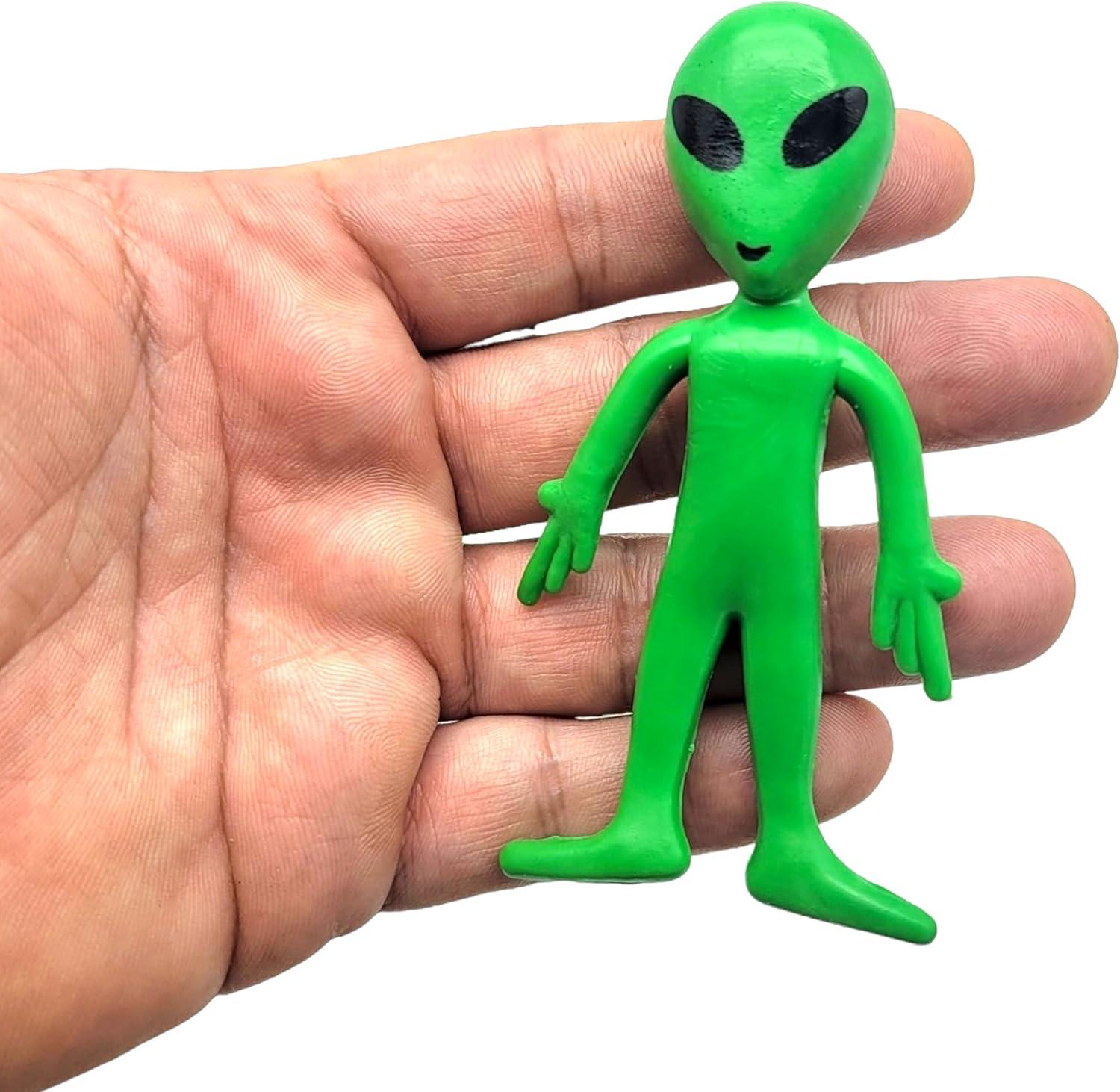 12 Pack- Bendable Rubber Green Aliens (3.75") Action Figures Bendable UFO Aliens Limbs Sensory Stress Relief Fidget Toys. Great Party Favor Trick or Treat Supplies
