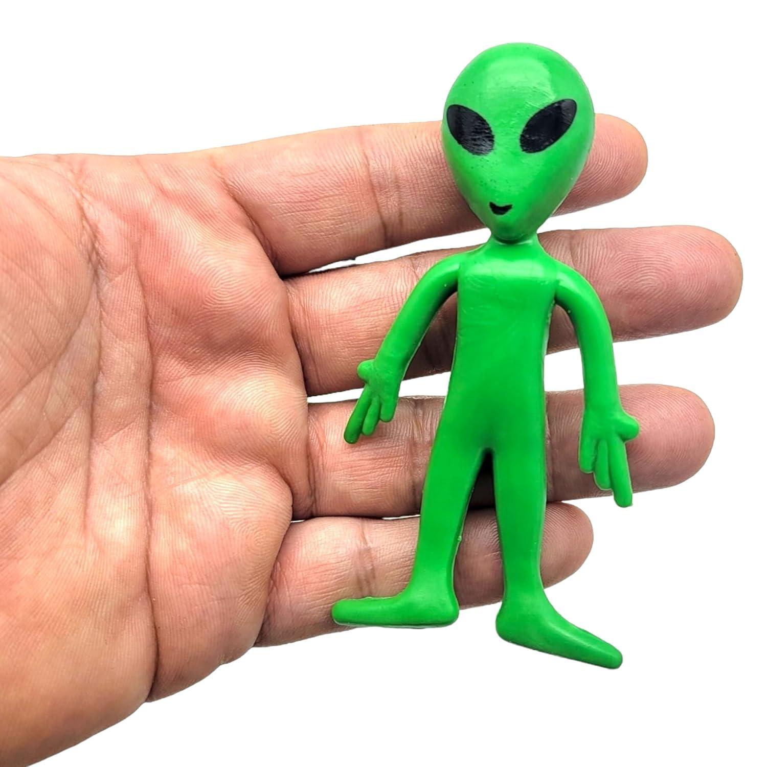 12 Pack- Bendable Rubber Green Aliens (3.75") Action Figures Bendable UFO Aliens Limbs Sensory Stress Relief Fidget Toys. Great Party Favor Trick or Treat Supplies