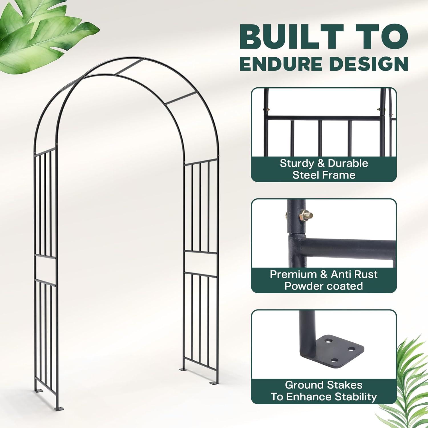 Black Powder-Coated Metal Garden Trellis Arbor, 86in