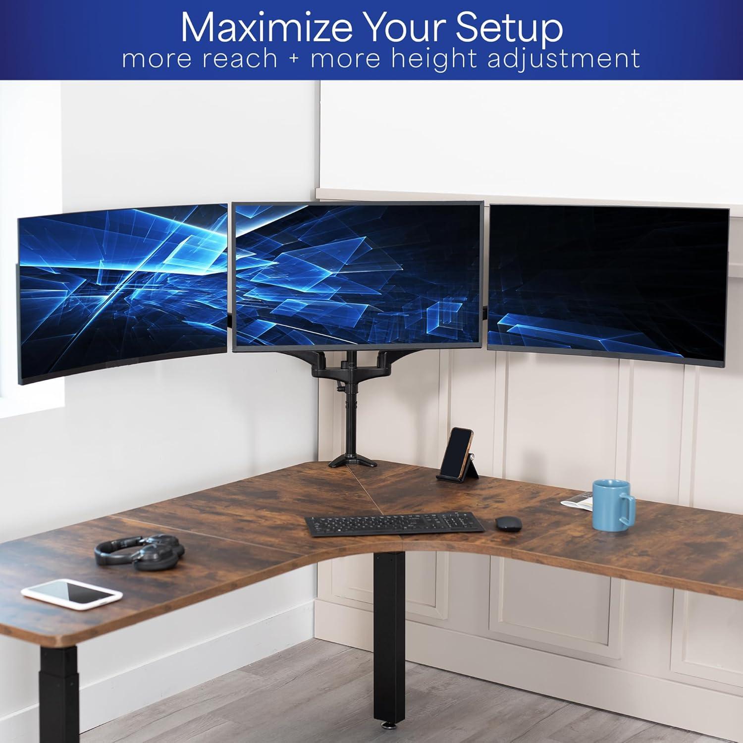 VIVO Black Triple Monitor Mount, 2 Pneumatic Arms + 1 Fixed, 3 Screens up to 32"