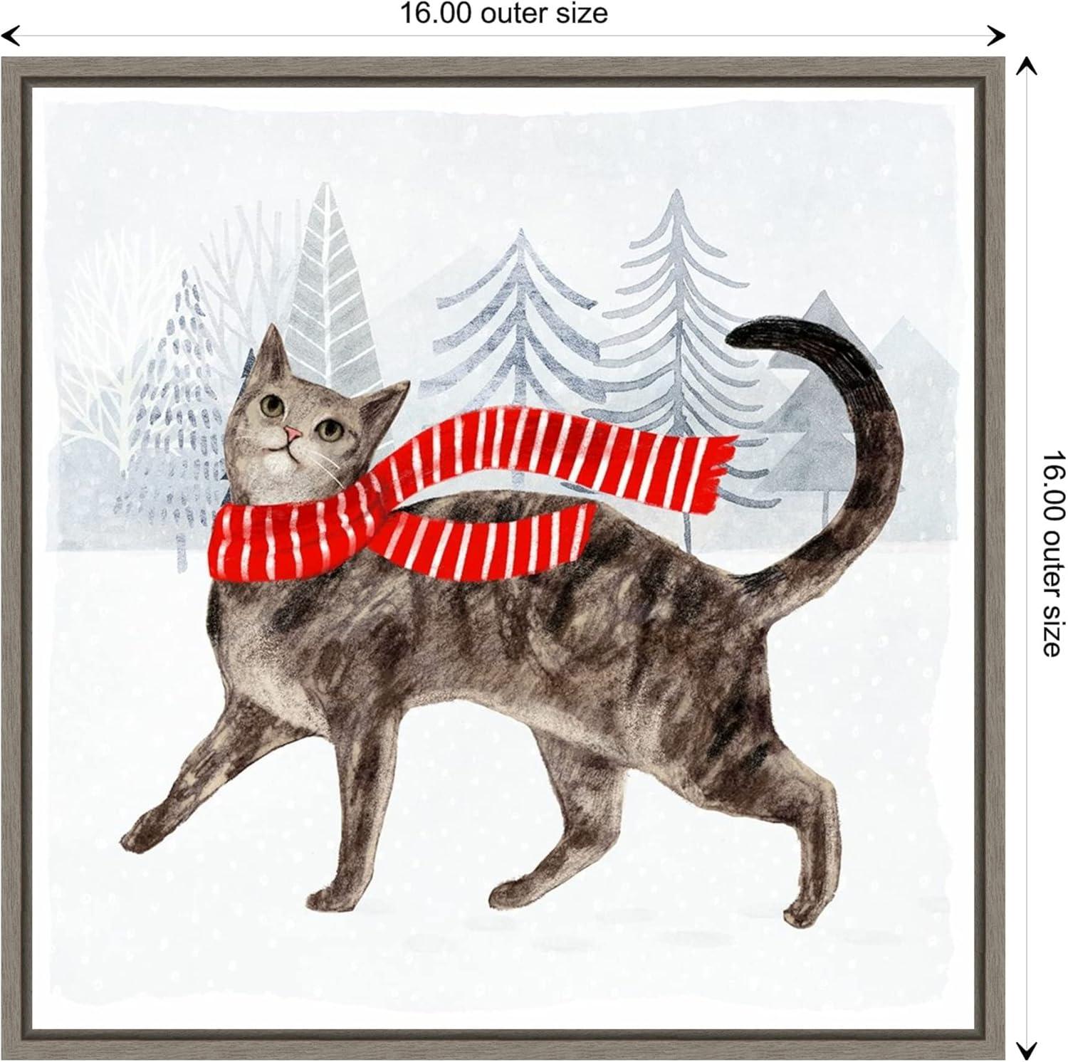 Christmas Cats and Dogs Canvas Print with Grey Frame