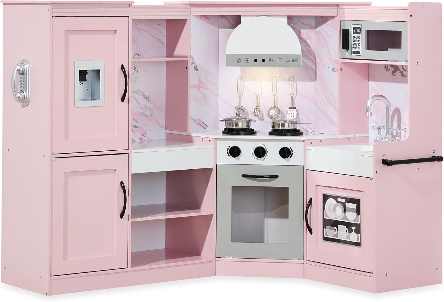 Best Choice Products Pretend Play Corner Kitchen, Interactive Wooden Kids Set w/ Lights & Sounds - Pink