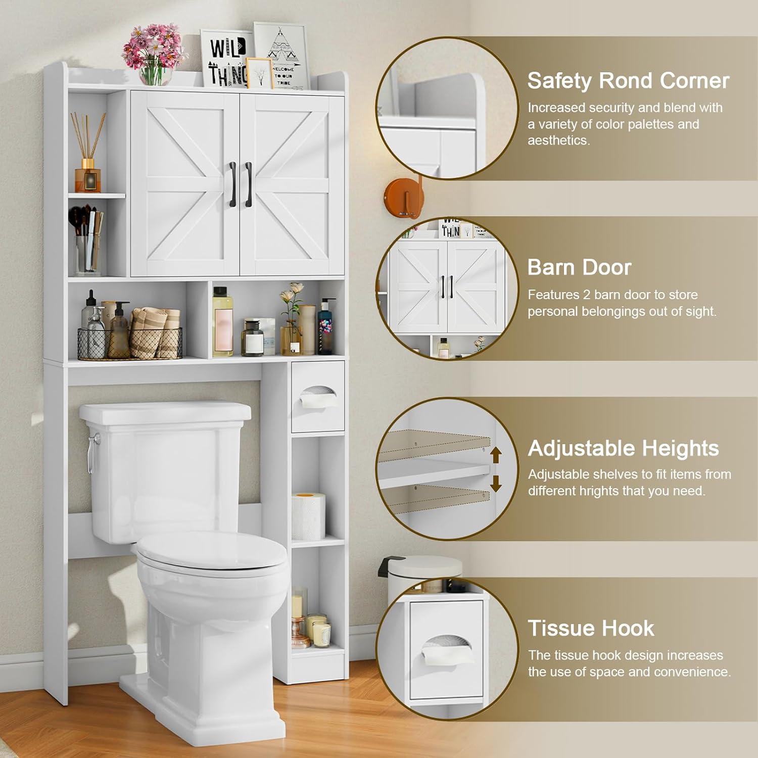 Over The Toilet Storage Cabinet, Farmhouse Storage Cabinet Over Toilet with Sliding Barn Door & Toilet Paper Holder Stand，Home Space-Saving Toilet Rack, for Bathroom, Restroom, Laundry（White）