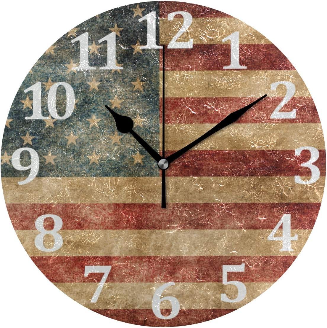 American Flag Wall Clock Round Vintage Silent Non Ticking Battery Operated Accurate Arabic Numerals Design Decorative for Home Kitchen Living Room Bedroom 10 Inch