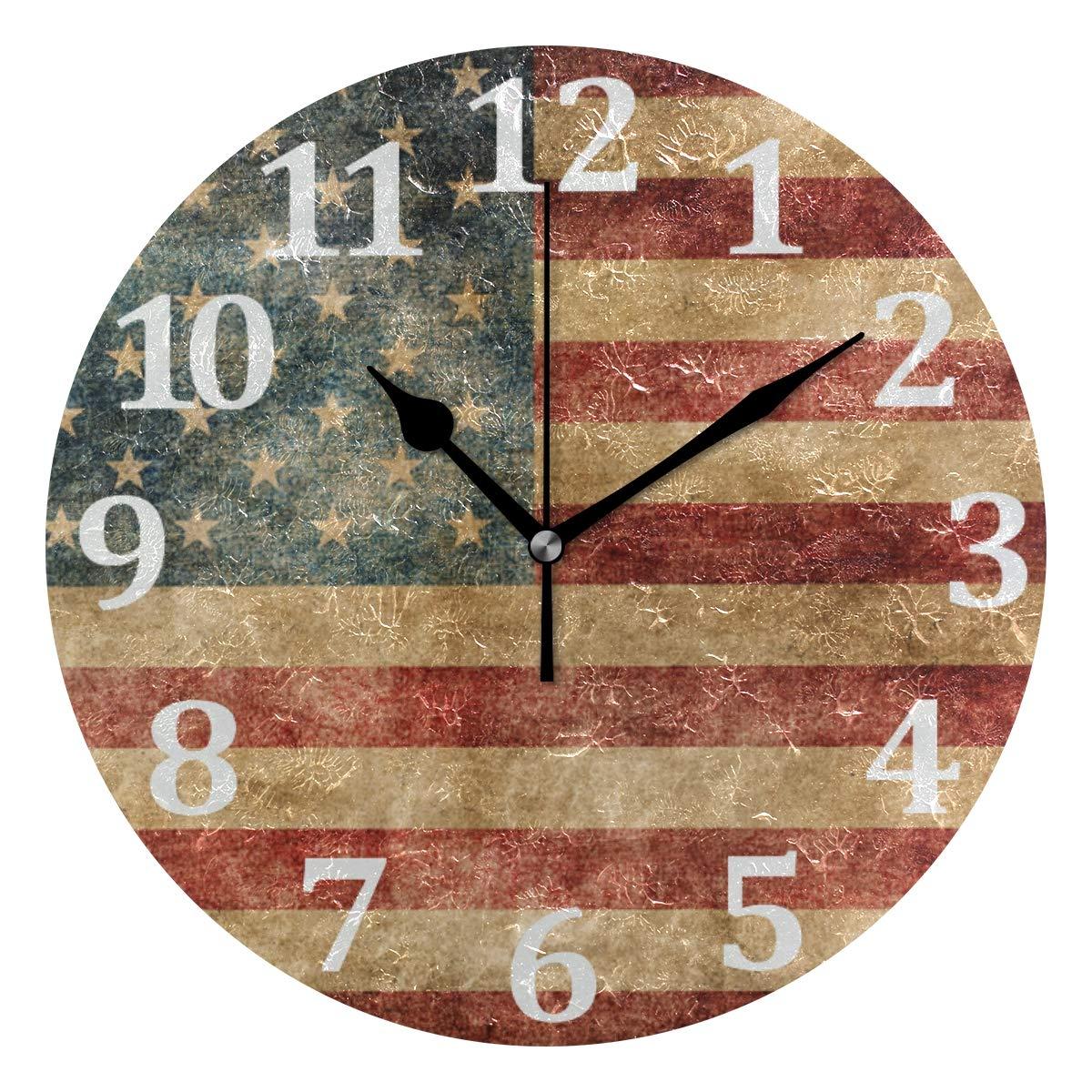 American Flag Wall Clock Round Vintage Silent Non Ticking Battery Operated Accurate Arabic Numerals Design Decorative for Home Kitchen Living Room Bedroom 10 Inch