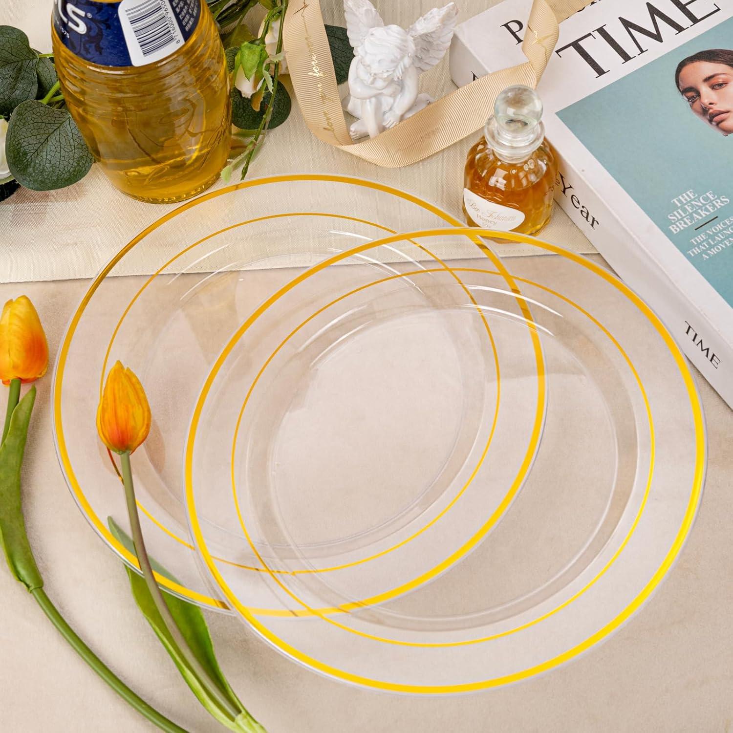 I00000 60pcs Plastic Gold Plates,10.25 inch Gold Rimmed Dinner Plates, White Disposable Plates, Parties or Wedding