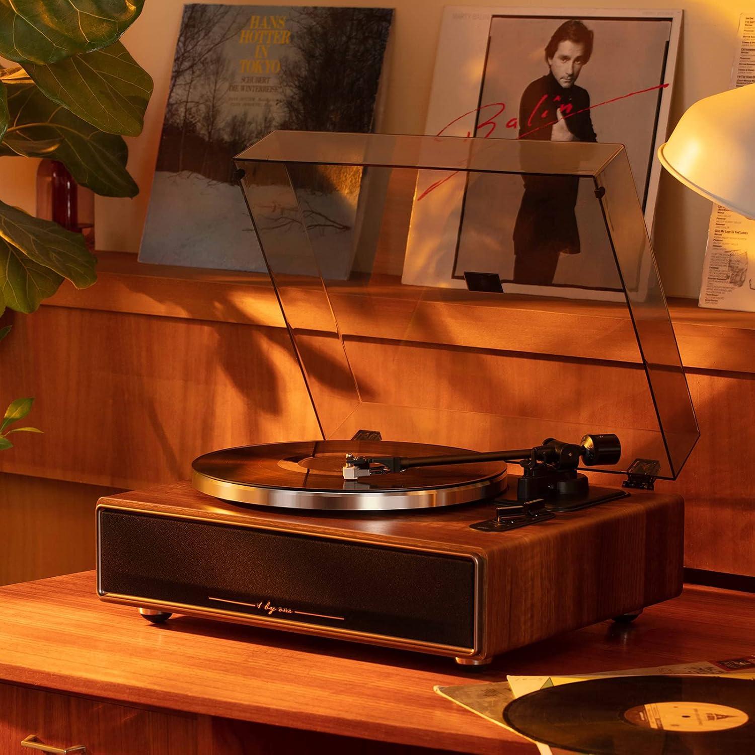 Walnut Belt Drive Turntable with Built-in Speakers and USB