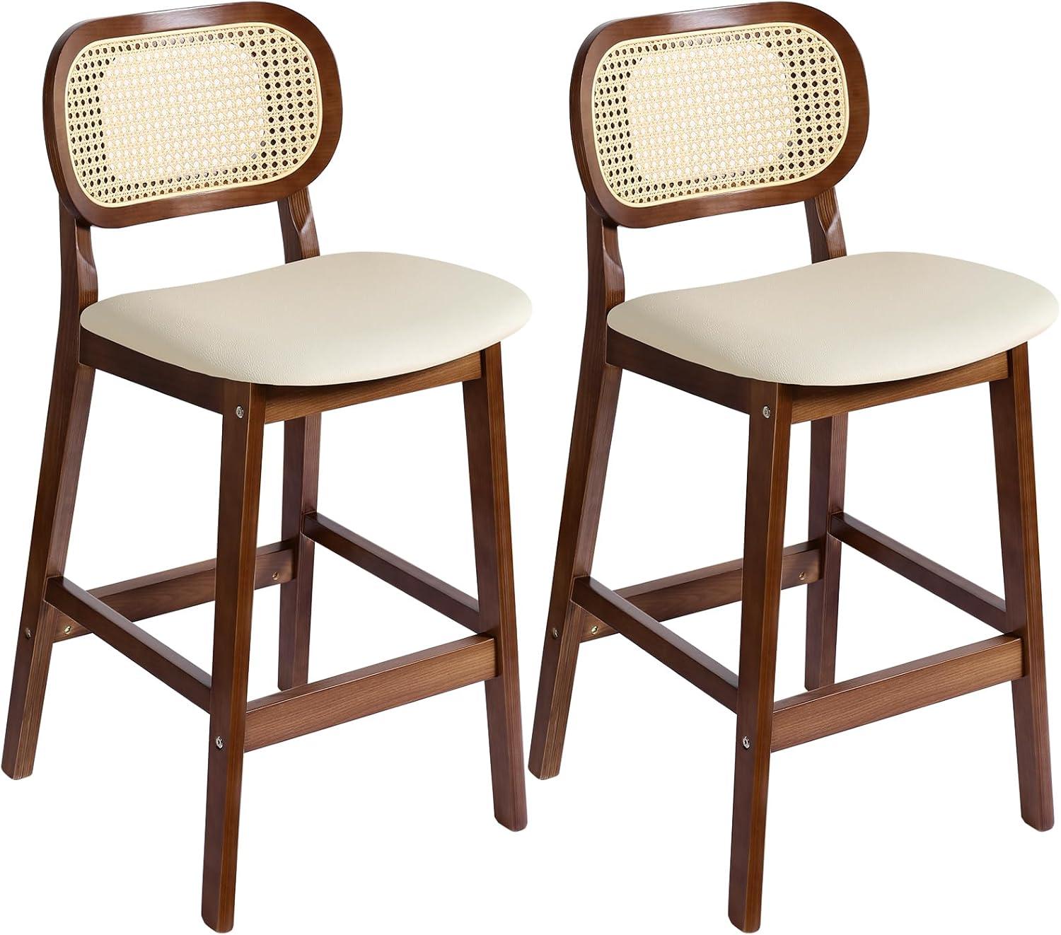 Lucky Monet Wood Upholstered Counter Height Bar Stools with Rattan Back - 36.81"H x 17.72"W x 18.7"D Set of 2 - White Faux Leather/ Brown Frame