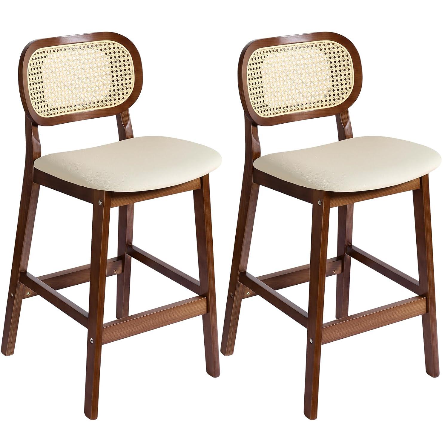 Lucky Monet Wood Upholstered Counter Height Bar Stools with Rattan Back - 36.81"H x 17.72"W x 18.7"D Set of 2 - White Faux Leather/ Brown Frame