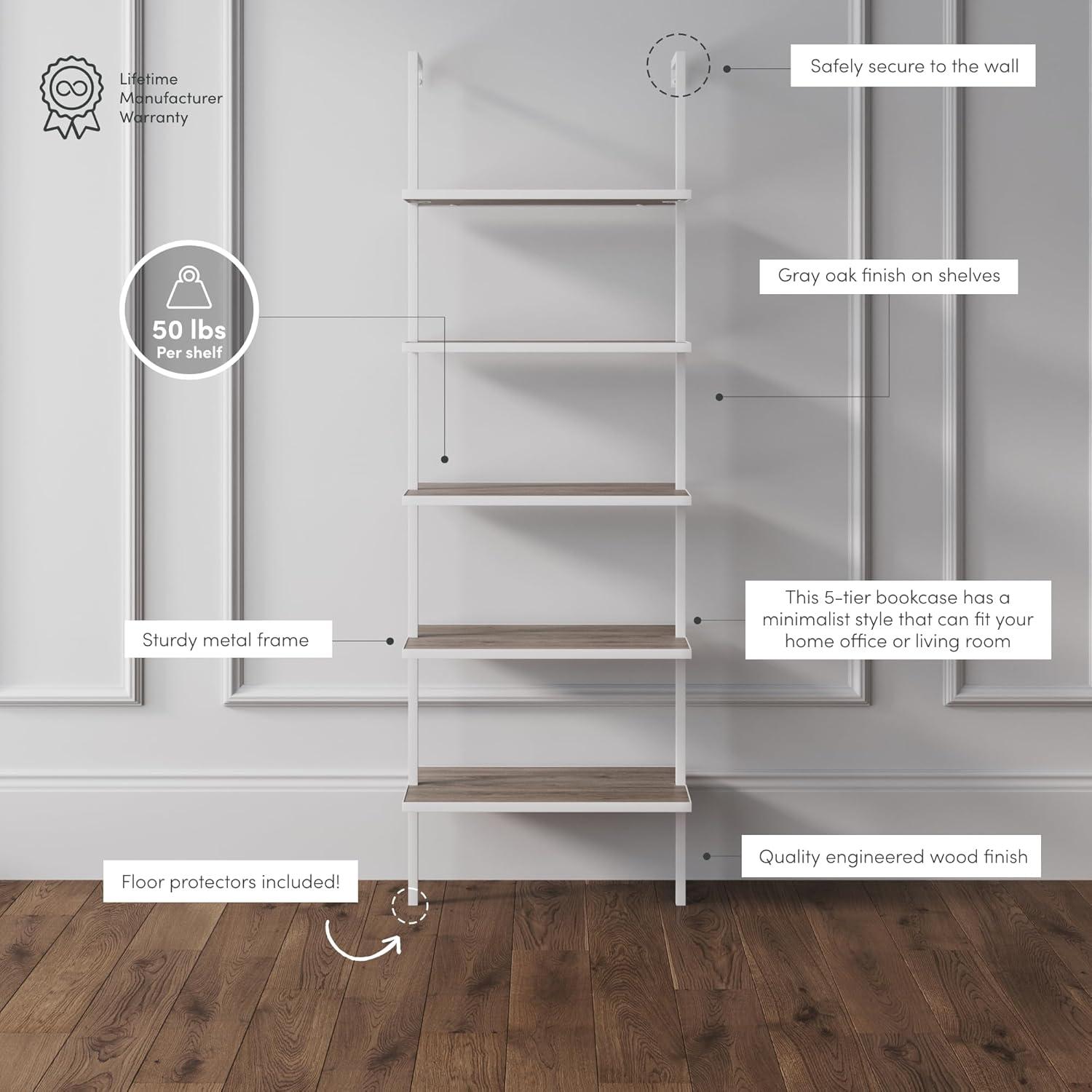 Gray Oak and White 5-Shelf Ladder Bookcase with Metal Frame